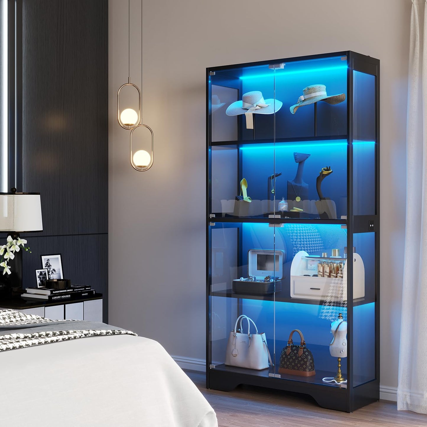 knoworld Display Cabinet with Glass Doors, 63" Tall Curio Cabinet with Human Sensor RGB LED Lights, 4-Tier Glass Display Case with 15mm Thick Shelves for Action Figures, Collectibles, Books - Black