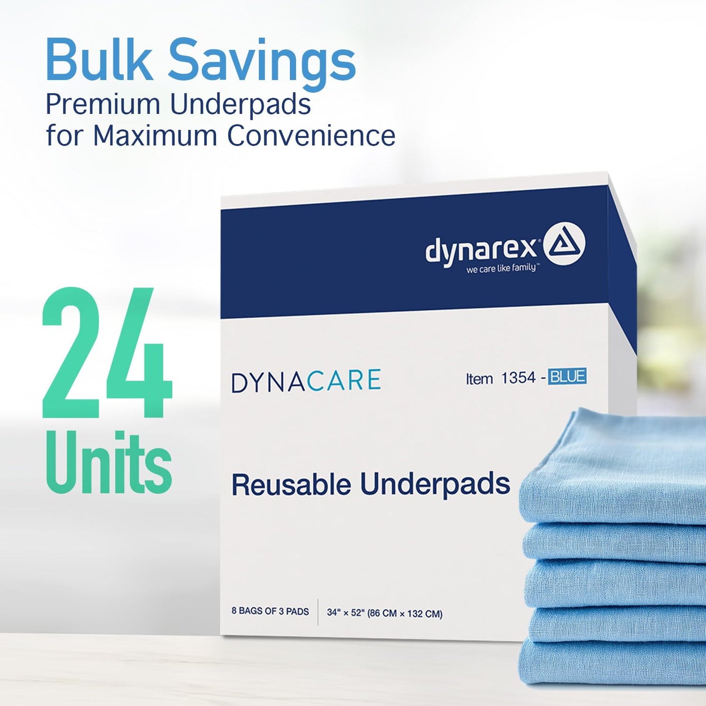 Dynarex Incontinence Bed Pads - Reusable & Washable Waterproof Pee Pads for Kids, Adults, Elderly - 1 Case - 8 Boxes of 3 Pads - 34" x 52", Blue