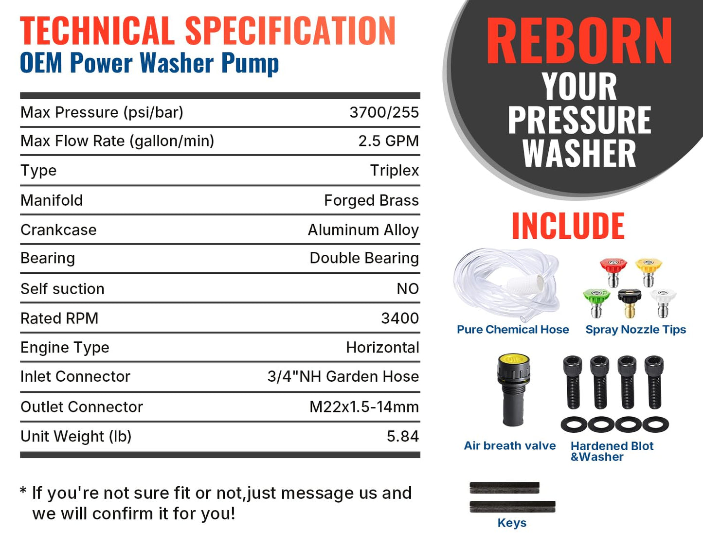 YAMATIC Horizontal Triplex Pressure Washer Pump 3/4" Shaft 2800-3700 PSI @ 2.5 GPM 5-8 HP Replacement Pump Compatible with Honda GC190 GX200 Simpson 90036 40224 40225 40226 Santoprene 41182