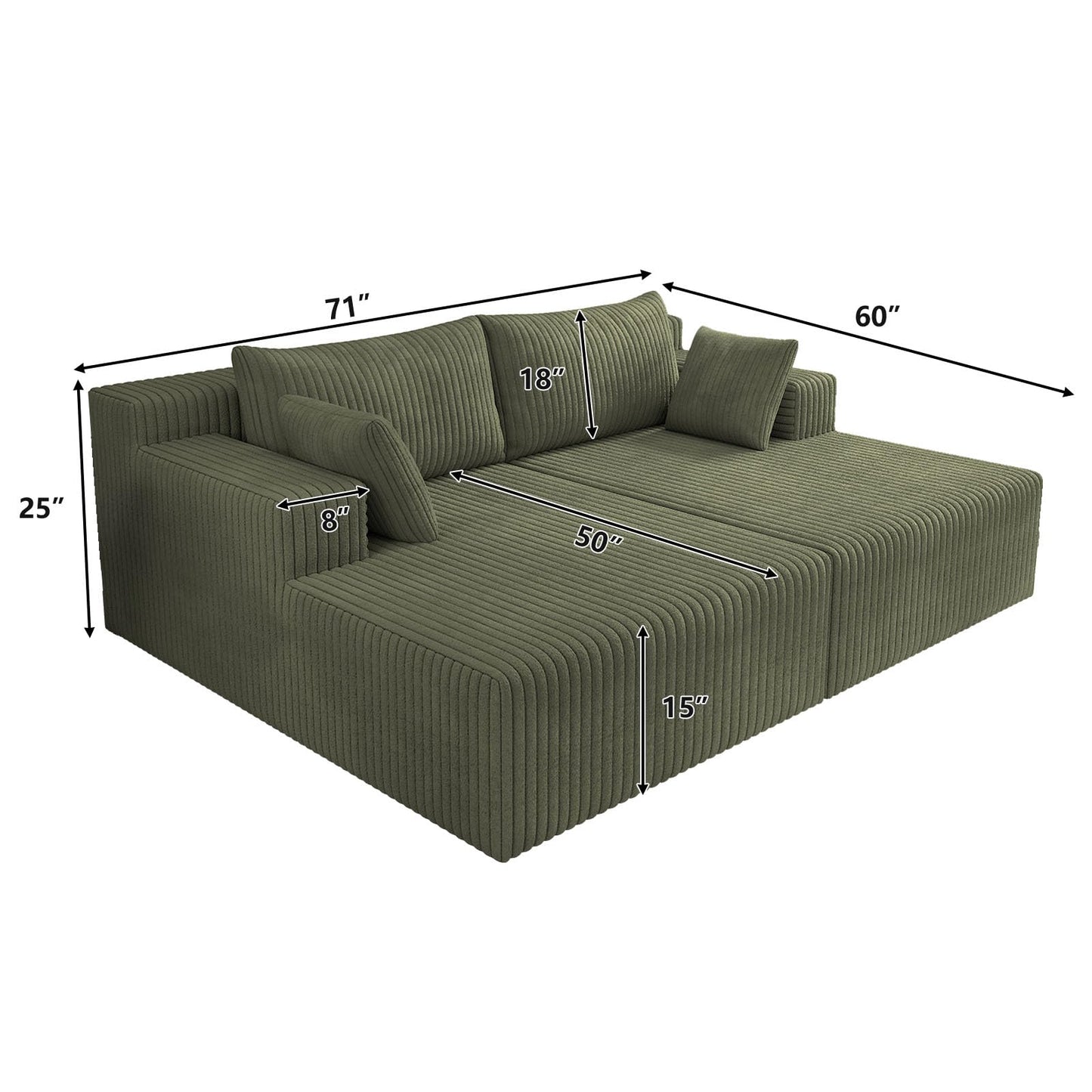 71-Inch Fluffy Corduroy Boneless Sleeper Daybed Loveseat Double Recliner Chaise Lounge Sofa Couches, Floor Cloud Sofa Chaise W/4 Pillows for Home Apartment Living Room