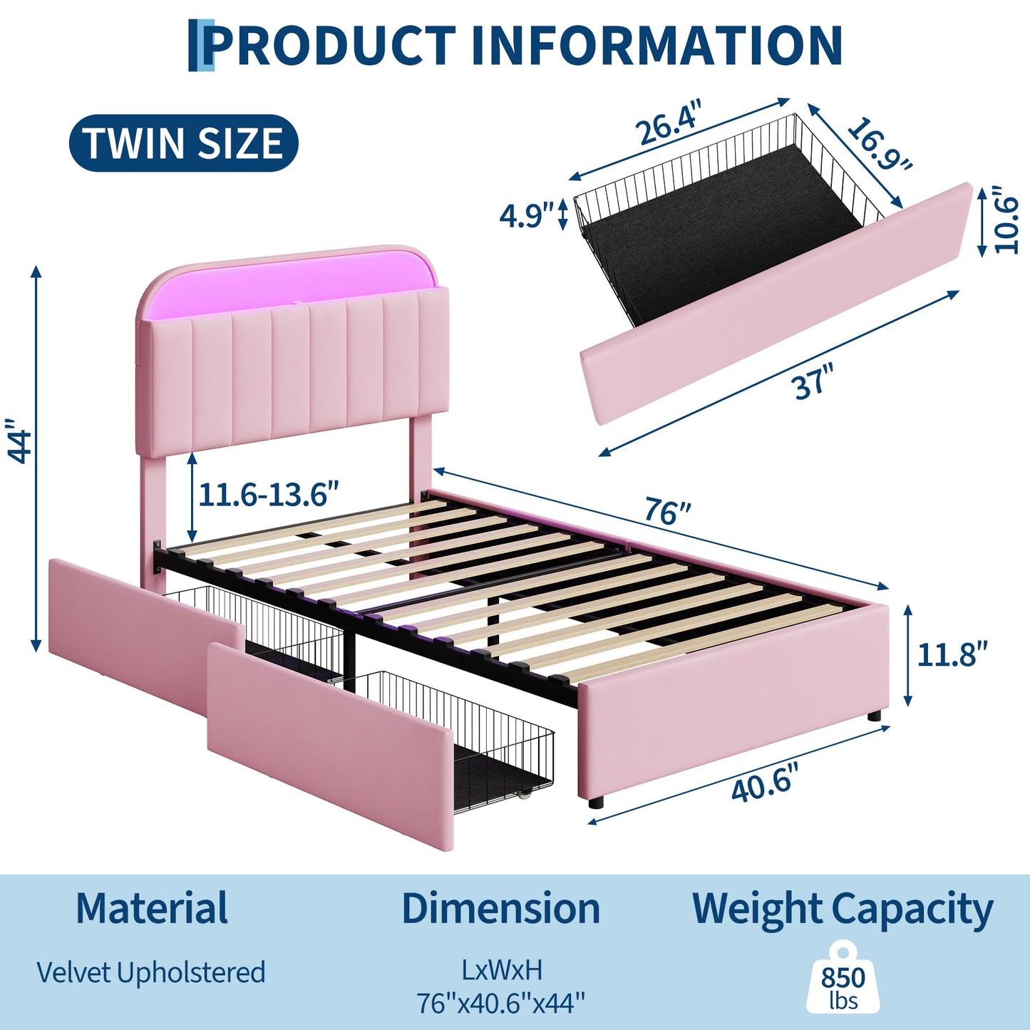 GarveeHome Twin Bed Frame with Storage Headboard, Kids Bed Frame with 2 Drawers, Velvet Upholstered Platform Bed Frame with Lights, No Box Spring Needed, Easy Assembly, Velvet Pink