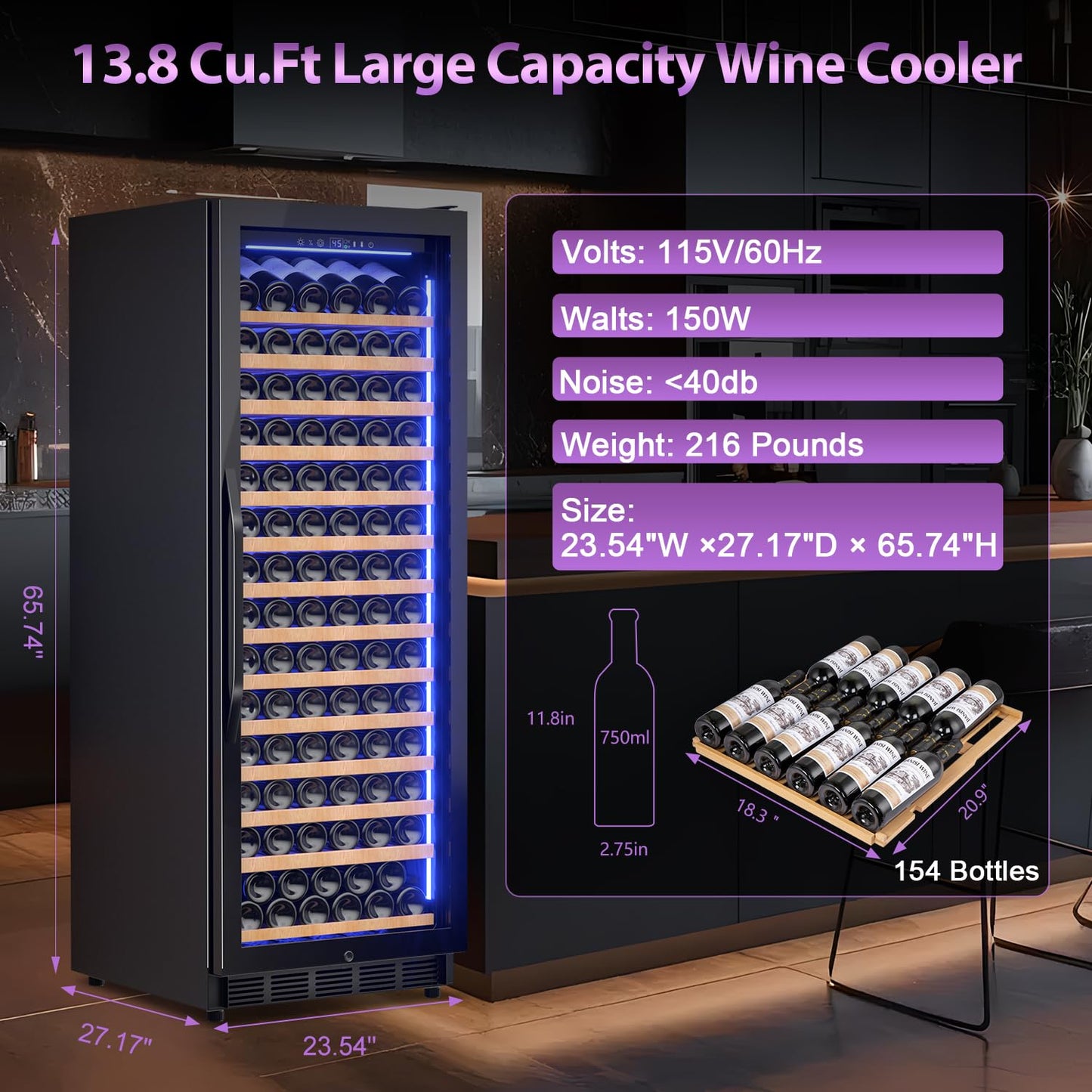 Velivi Wine Cooler-Wine Fridge with Safety Lock Freestanding/Built in 24 Inch Wide Large Wine Refrigerator for 154 Bottles,Cellar Chiller Low Noise, Fast Cooling, Black