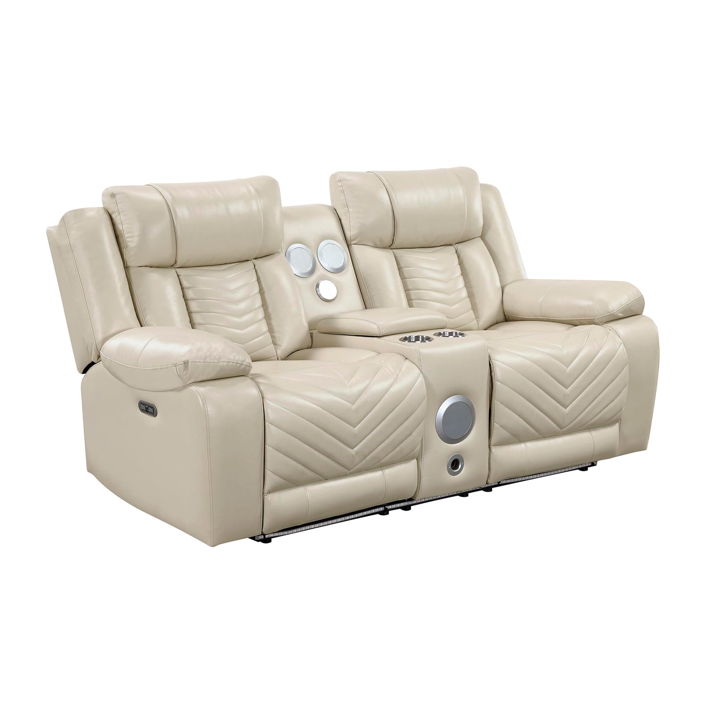 Lexicon Wall Hugger Power Double Reclining Loveseat with Console, Faux Leather Home Theater Seating with LED Lighting, Charging Ports, Bluetooth Speaker Wireless, Cup Holders, Hidden Storage, Beige