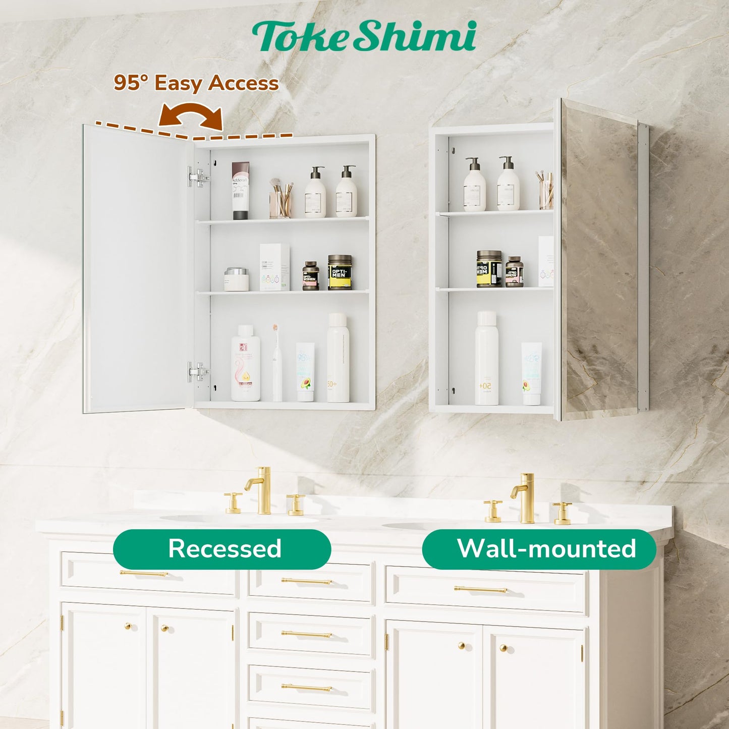 TokeShimi 30 x 26 Medicine Cabinet, Assembly Required, Recessed Medicine Cabinet with Tempered Beveled Mirror, DTC Hinge, Frameless Bathroom Mirror with Storage, Recessed/Surface-Mounted