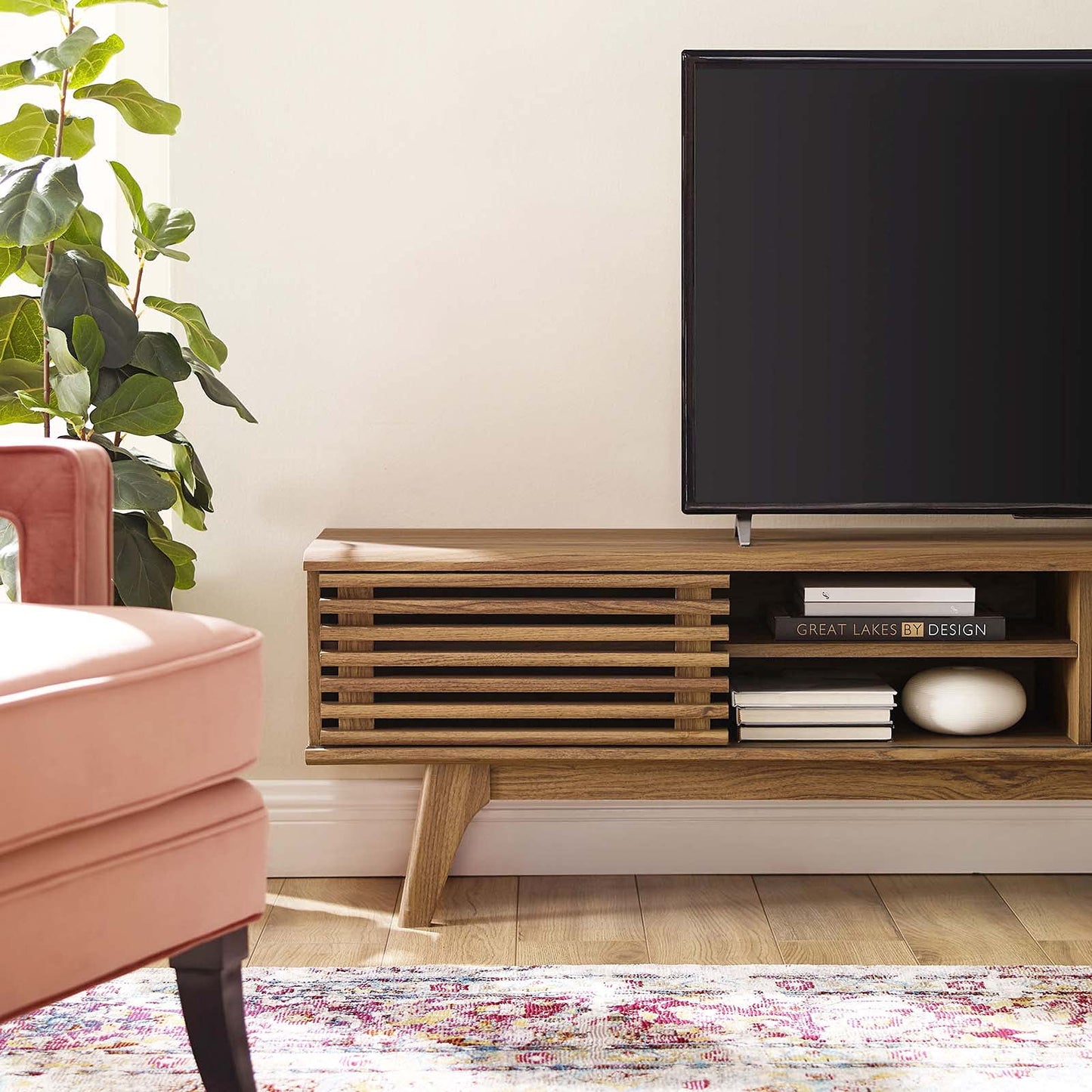 Modway Render 70" Mid-Century Modern Low Profile Media Console Entertainment TV Stand in Walnut Walnut