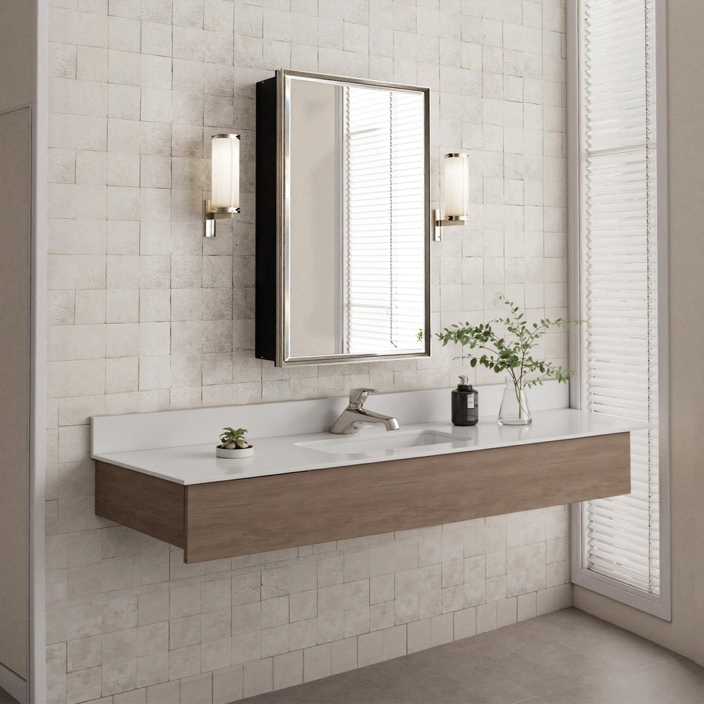 QueenFun 16x26 Pre-Assembled Bathroom Medicine Cabinet Mirror, Surface or Recessed Brushed Nickel Medicine Cabinet with Mirror & Rustproof Aluminum Frame, Beveled Bathroom Vanity Mirror with Storage