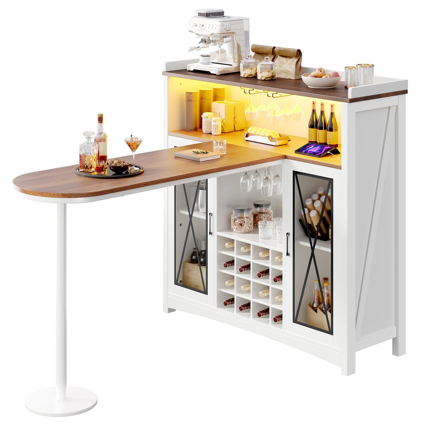 YITAHOME Mini Bar Unit for Home with LED Light & Wine Bar Cabinet, Large Tall Height Bar Table with Wine Rack, Farmhouse Coffee Station with Storage Glasses Hanger for Kitchen Pub, Walnut & White