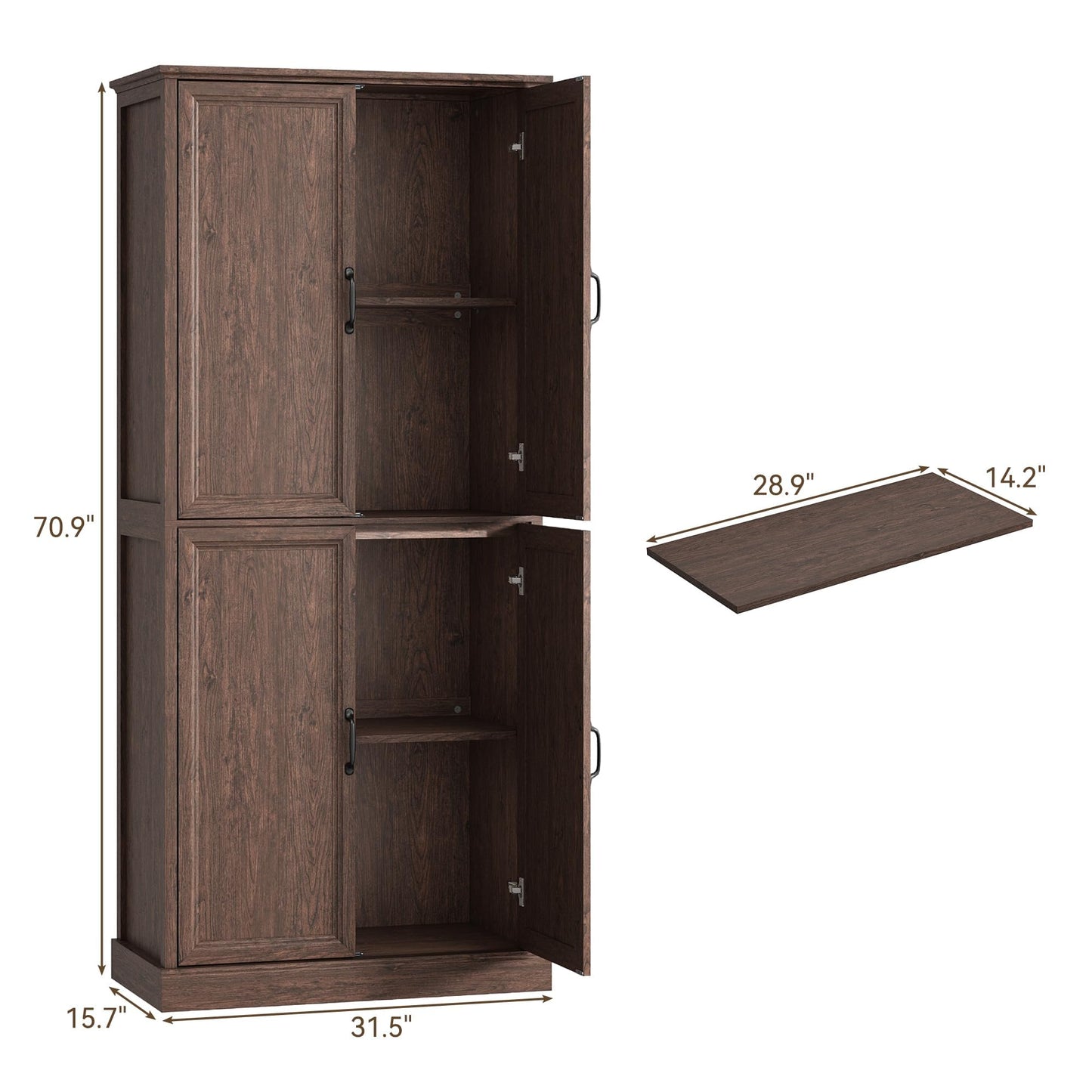 Tradare 71'' Tall Pantry Cabinet, Farmhouse Kitchen Pantry Storage Cabinet with Barn Door and Adjustable Shelves, Rustic Wood Freestanding Cupboard Storage Organizer for Kitchen, Dining Room, Brown
