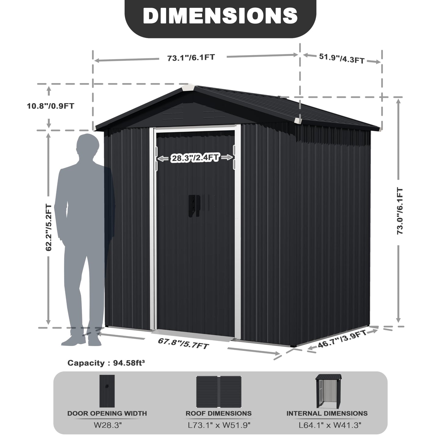 Nuu Garden 6 x 4 FT Garden Storage Shed with Sliding Doors, Galvanized Sheet Tool Shed with Sloping Roof, Anti-Corrosion Garden Shed with Air Vents for Backyard Patio Lawn, Black