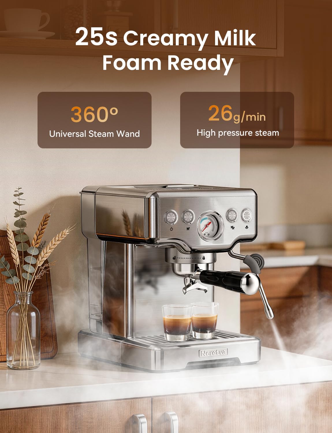 Neretva Espresso Machine, 15 Bar Espresso Coffee Machine with Visible Pressure Guage Professional Espresso Maker with Milk Frother & Stainless Steel for Home Barista Latte and Cappuccino Maker-Silver