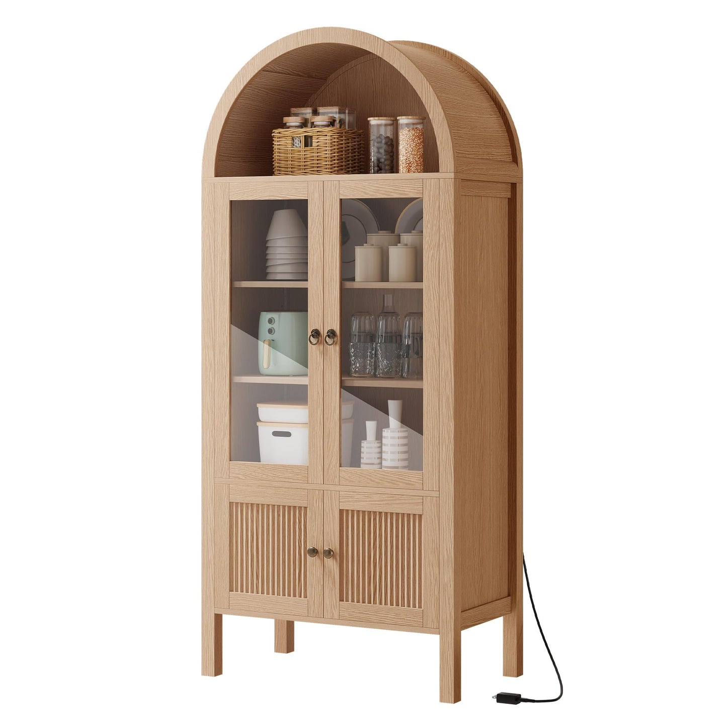 YITAHOME 71" Arched Cabinet Bookshelf Bookcase with LED Light/Wood Display Cabinet with Tempered Glass Doors and Adjustable Shelves/Kitchen Pantry with Storage for Living Room,Dining Room-Nature