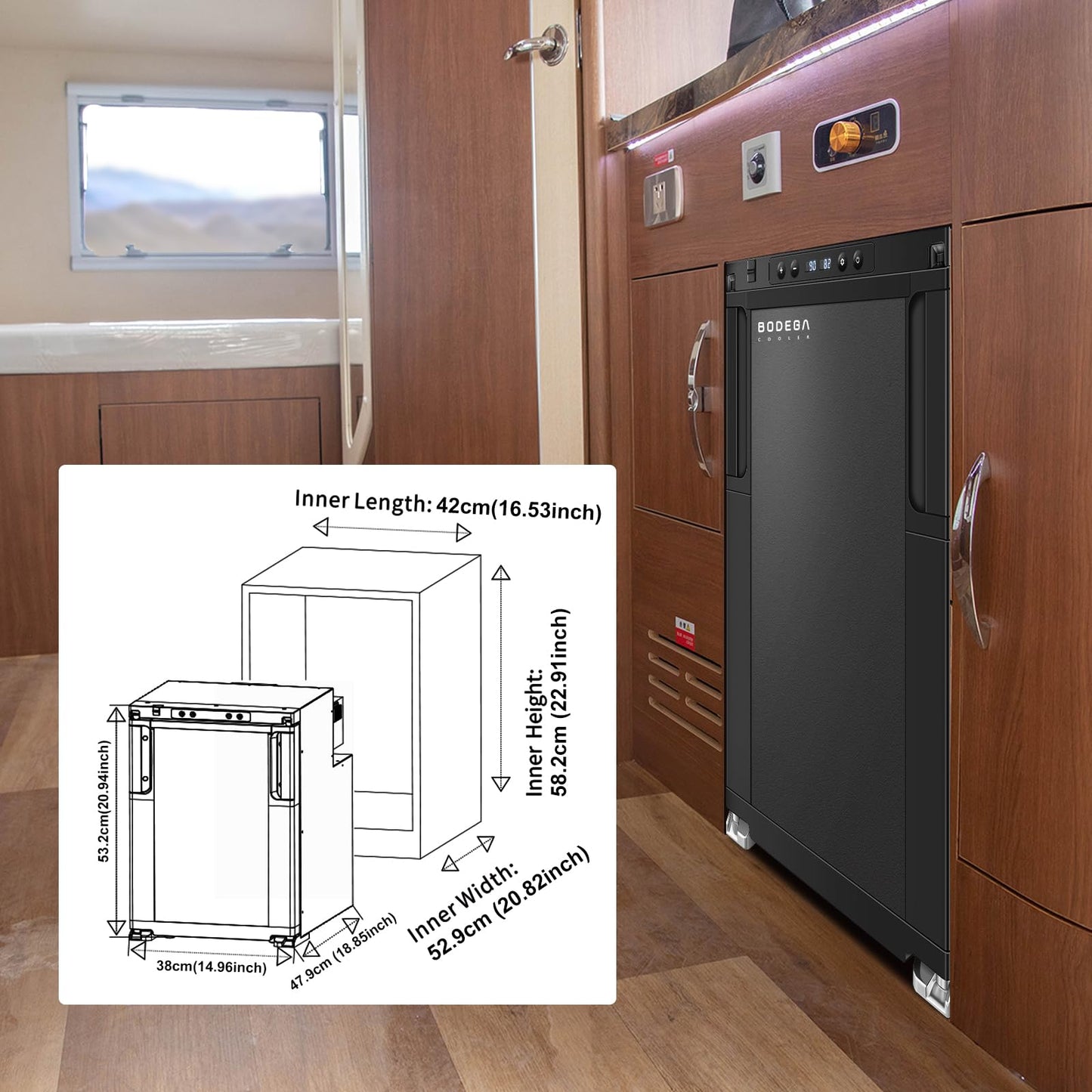 BODEGACOOLER Upgraded 12-Volt Refrigerator, 45L(1.6cu.ft) RV Fridge and Freezer with APP Control & Lock, Portable Electric Cooler -4℉ to 46℉, 12/24V DC for Truck, RV, Camping, Travel