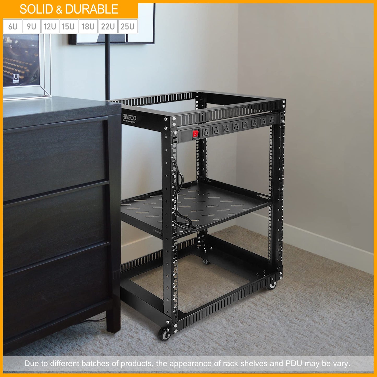 RIVECO 9U Open Frame Server Rack with Wheels + PDU (8 Outlets) Power Strip Surge Protector (1u Rack Shelf 1pcs +PDU)