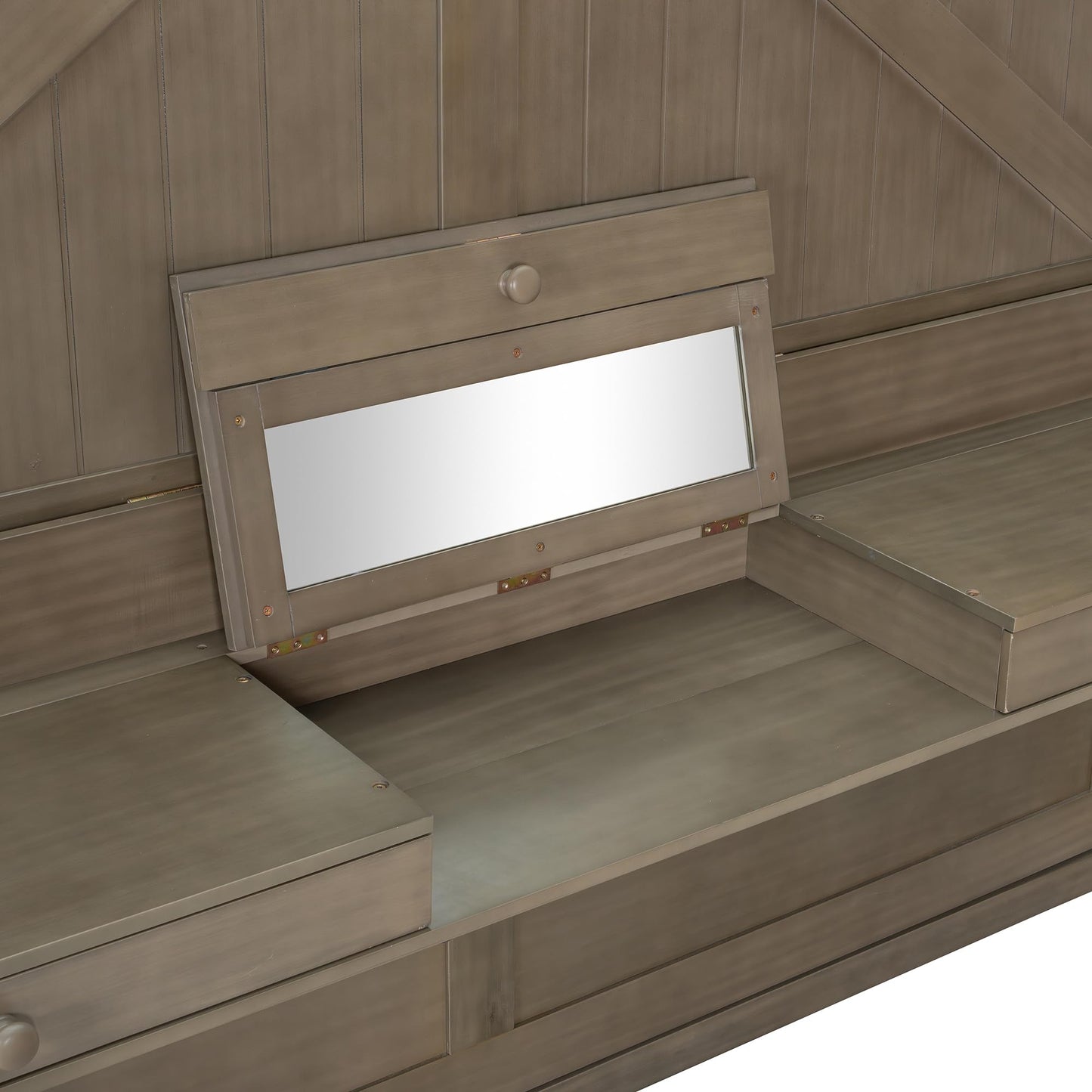 Merax Queen Size Murphy Bed with Vanity Desk, Foldable Murphy Cabinet Bed with Center Mirror and 2 Side Storage Drawers, Solid Wood Space-Saving Hidden Wall Bed Cabinet for Guest Room Office, Gray