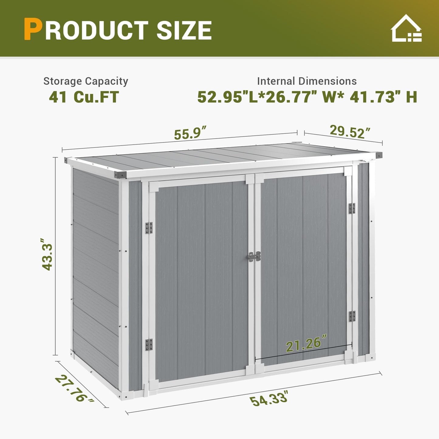 Storage Shed Outdoor Weatherproof Resin Storage Shed with Floor 41 Cu.Ft with Gas Spring, Lockable Doors for Trash Can Storage, Garden Tools, Suitable for patios, Poolside(Light Grey)