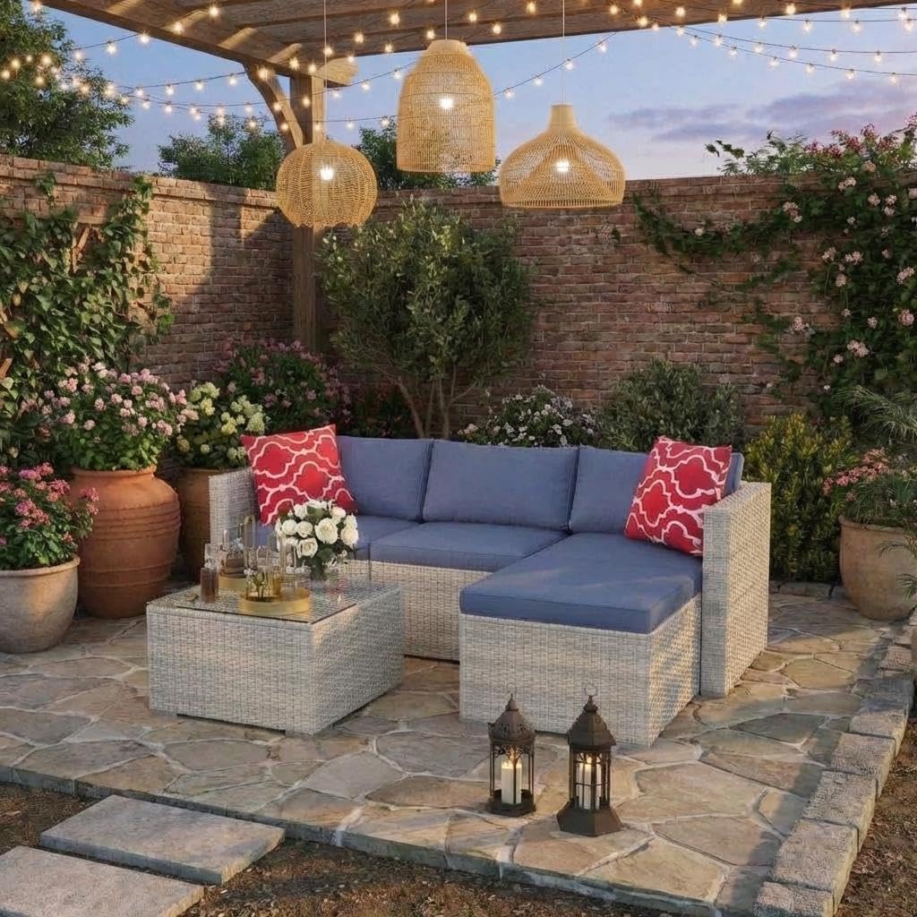 GarveeTech 5 Pieces Patio Furniture Set, All Weather Wicker Rattan Sectional Sofa, Outdoor Patio Furniture Set with Washable Cushions for Garden, Backyard, Porch, Poolside (Grey&Blue)