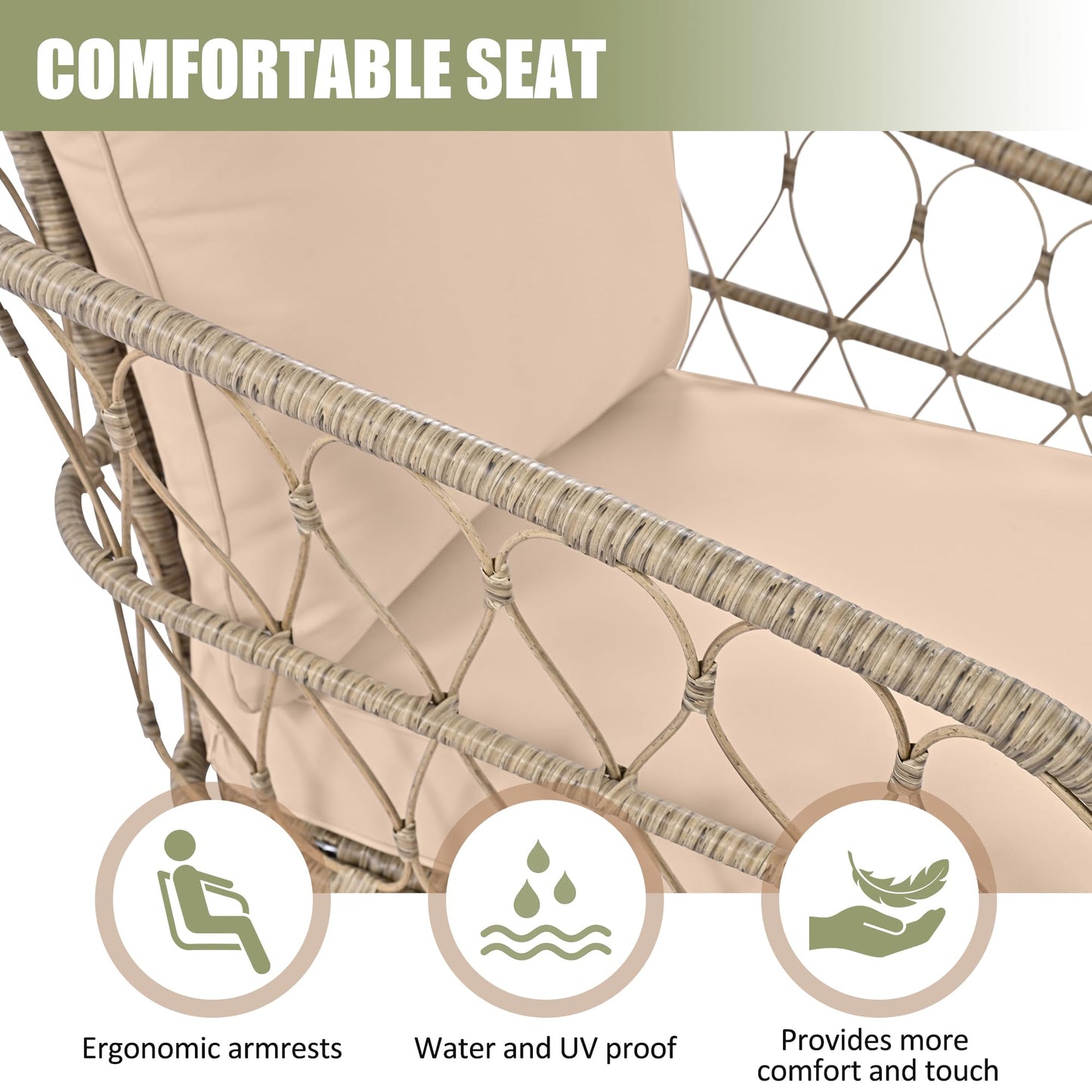 Merax 4-Piece Bohemian Patio Furniture Set, Outdoor Wicker Conversation Set with Single & Loveseat Chairs, Removable Cushions, Wood Tabletop Coffee Table for Garden, Backyard, Balcony, Porch, Poolside