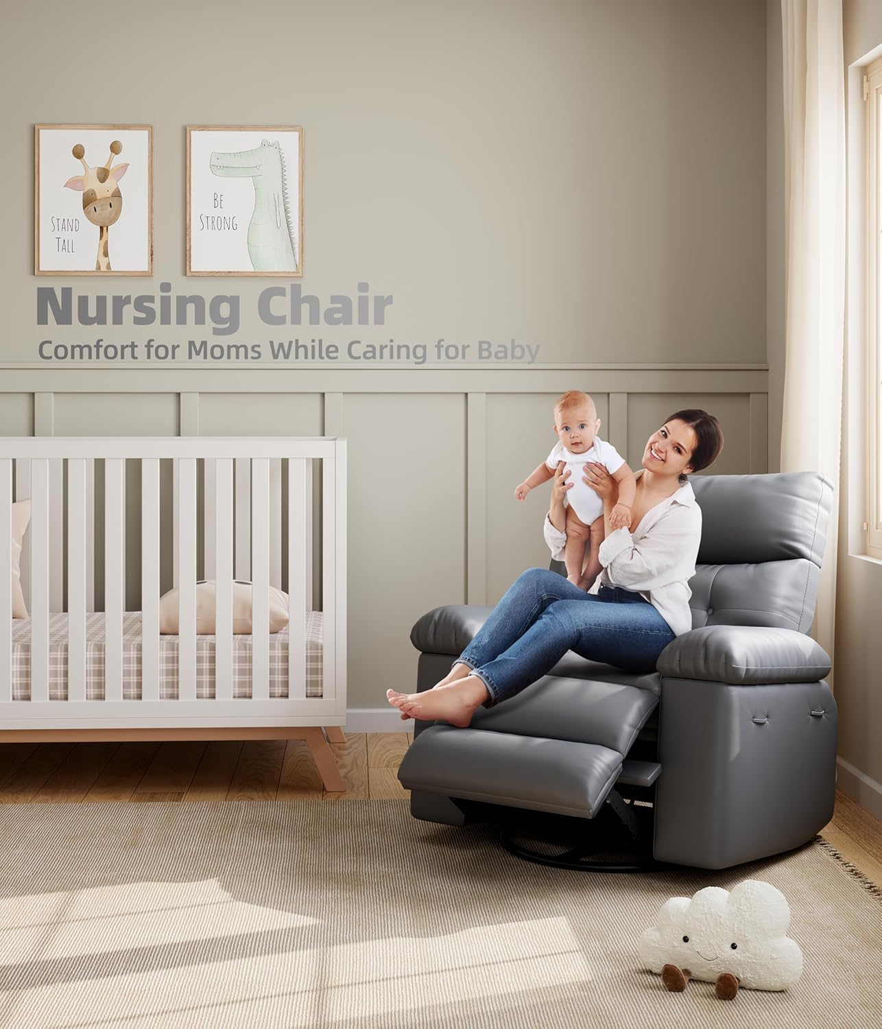 Oversized Recliner Chair for Adult,150°Recliner Chairs Ergonomic Nursery Chairs, Extra Wide Manual Recliners,PU Leather Upholstery Soft Sofa Chair for Livingroom,Grey