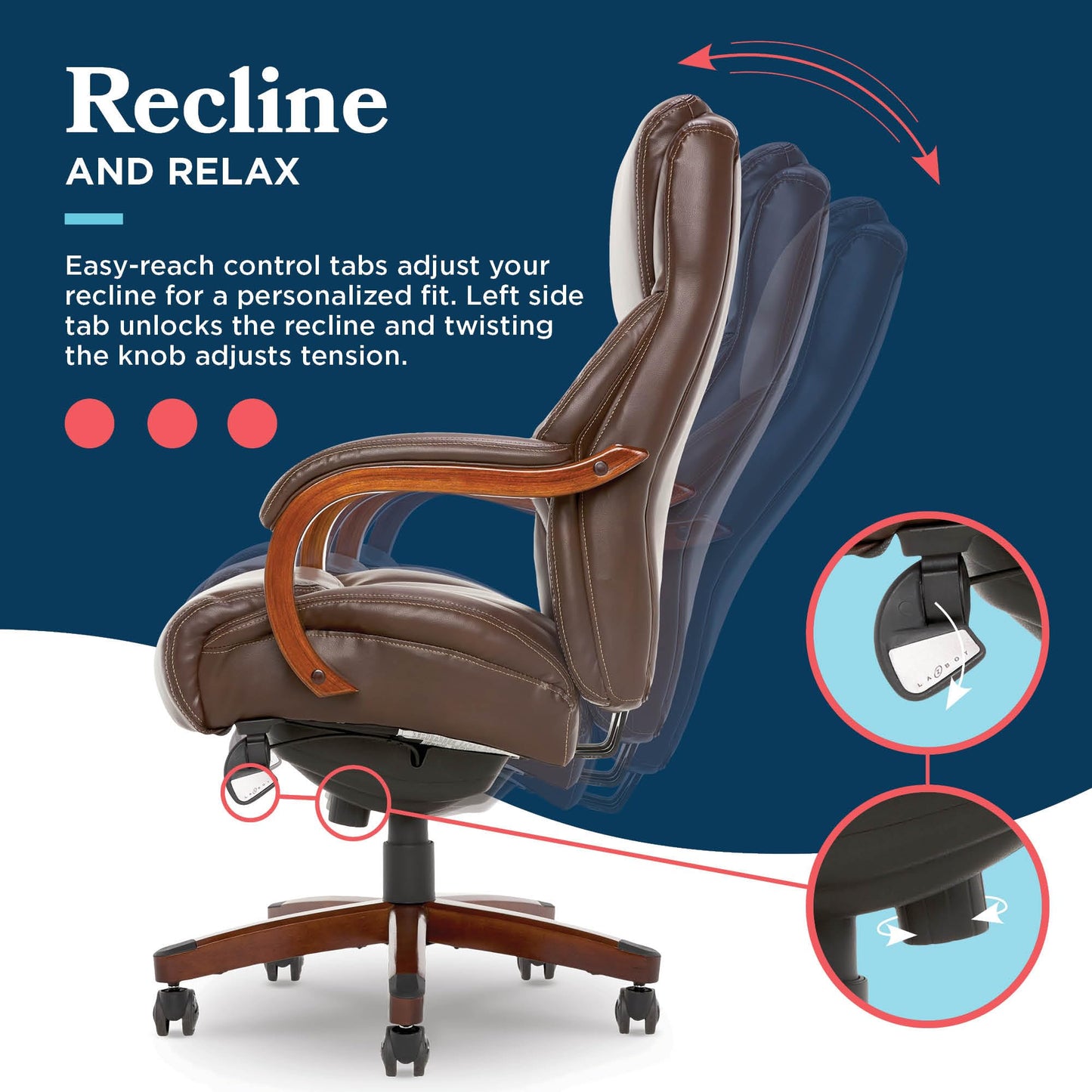 La-Z-Boy Delano Big and Tall Executive Office Chair - Ergonomic Lumbar Support Memory Foam - Bonded Leather Desk Chair for Home Office - Mahogany Wood Arms - Chestnut Brown