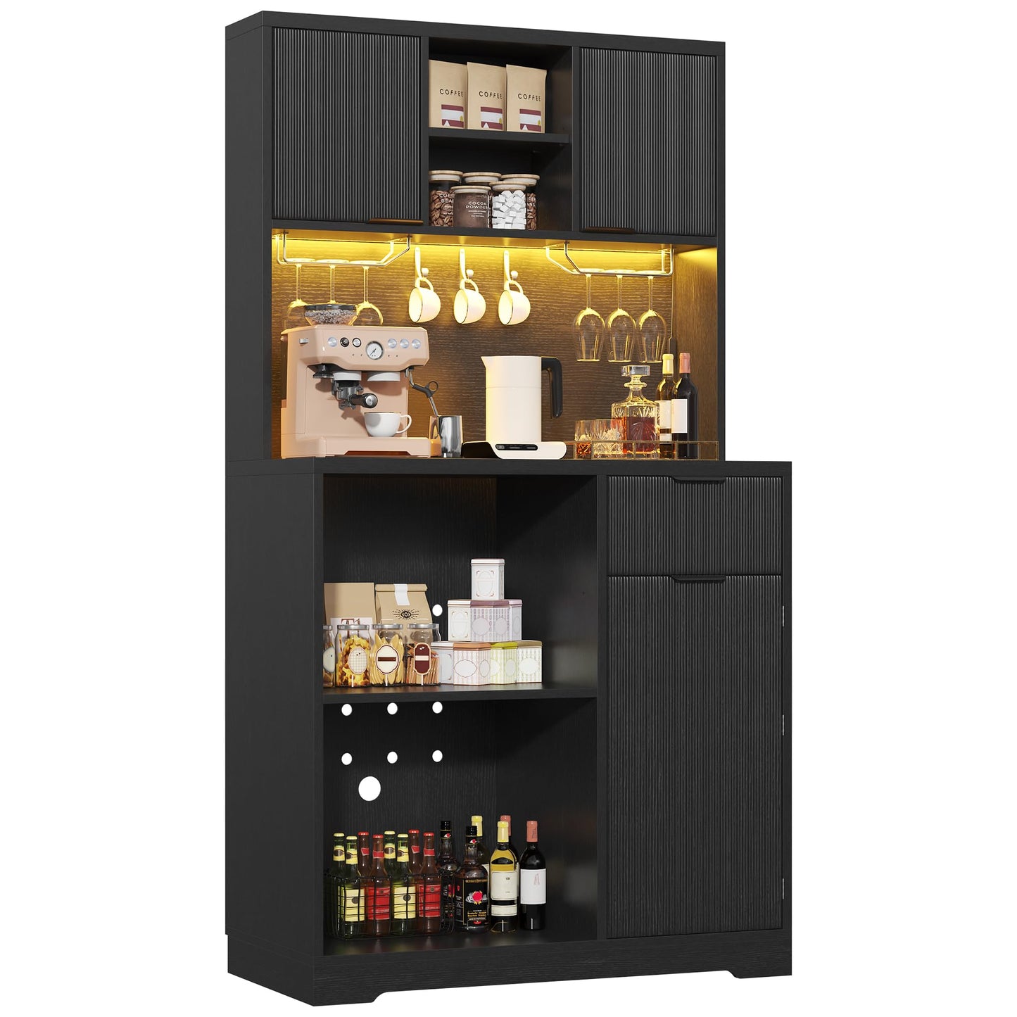 kepptory 72" Mini Fridge Cabinet with Storage, Coffee Bar Cabinet with Mini Fridge, Tall Coffee Bar Station with RGB LED Light, Wine Glass Holder, for Home Kitchen Living Room, Black
