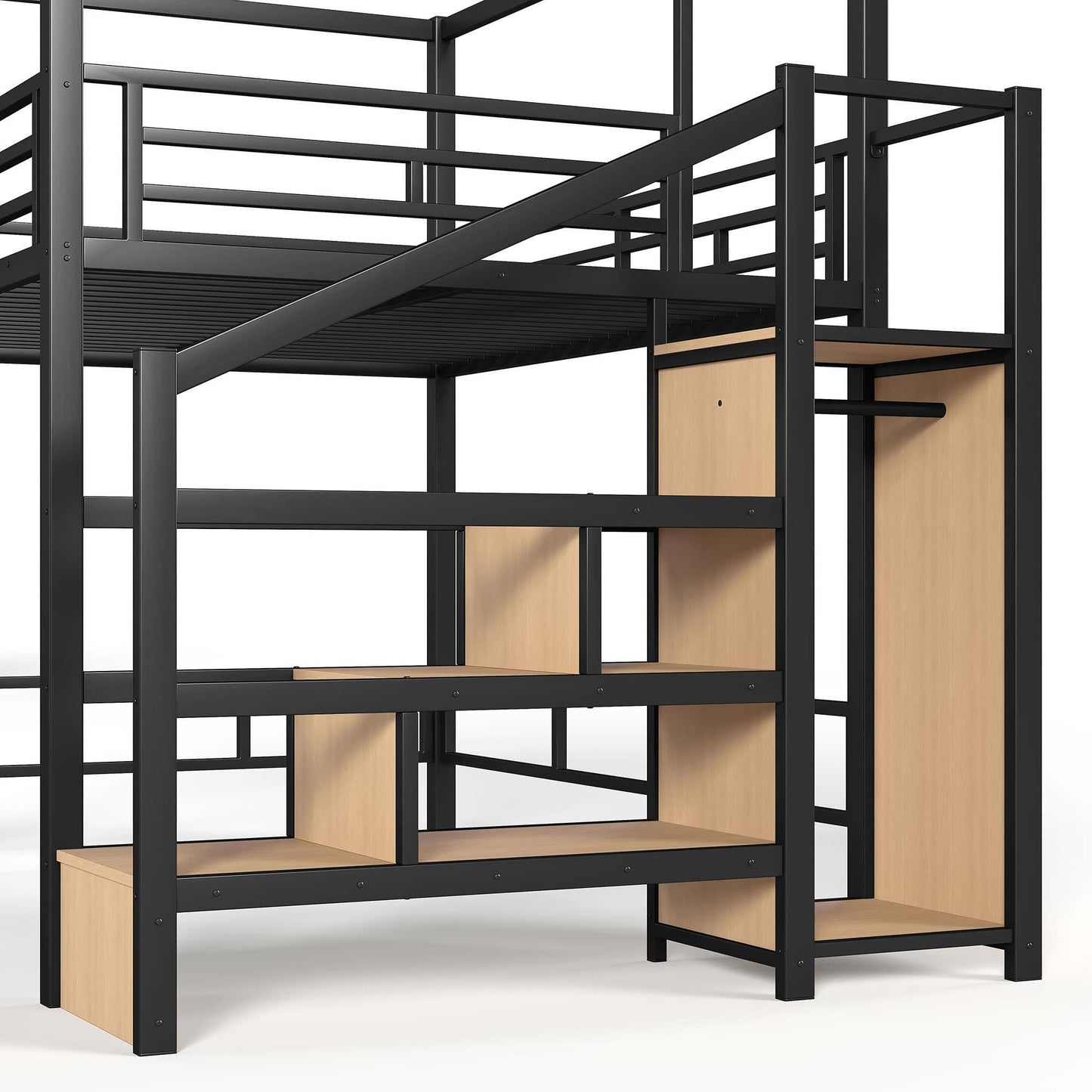 Bellemave Queen loft Bed with Storage Stairs, LED, Wardrobe, Canopy Support Pole, Metal Queen Loft Bed Frame for Adults, Kids, Teens, Canopy can be Disassembled, Black+Natural Wood