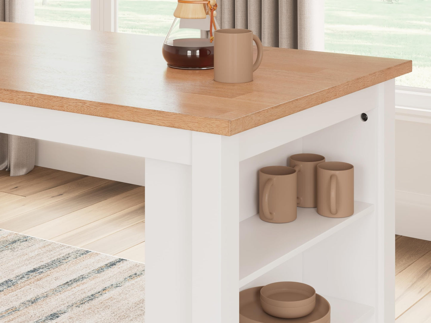 Signature Design by Ashley Gesthaven Farmhouse Counter Height Dining Table with 3 Shelves and Trestle Base, Light Brown & White