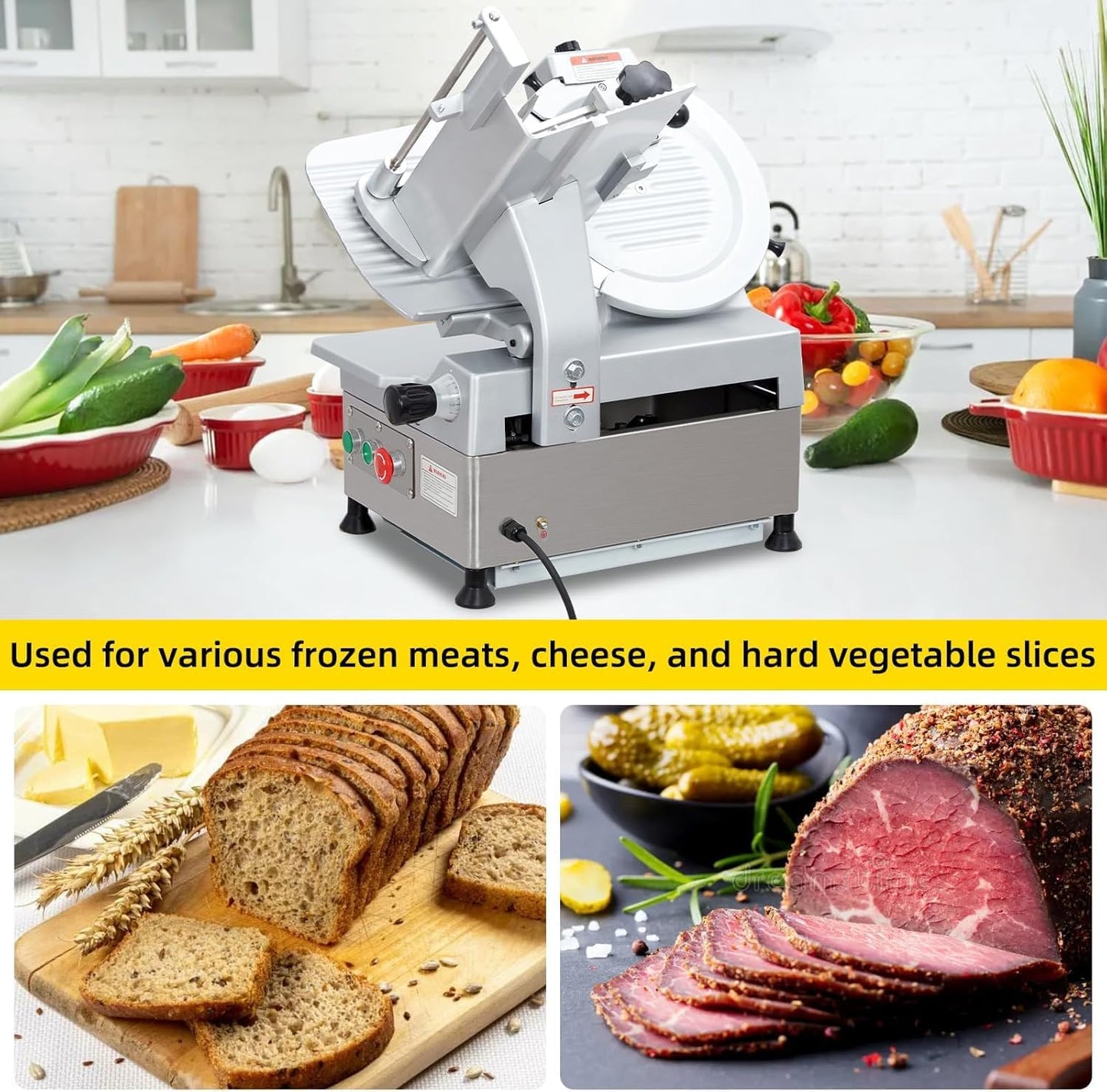 12 in Electric Food Slicer, Commercial Meat Slicer, Fully-Auto 180W+370W, Stainless Steel, Adjustable Thickness 0-7 mm, Silver, Home & Commercial Use