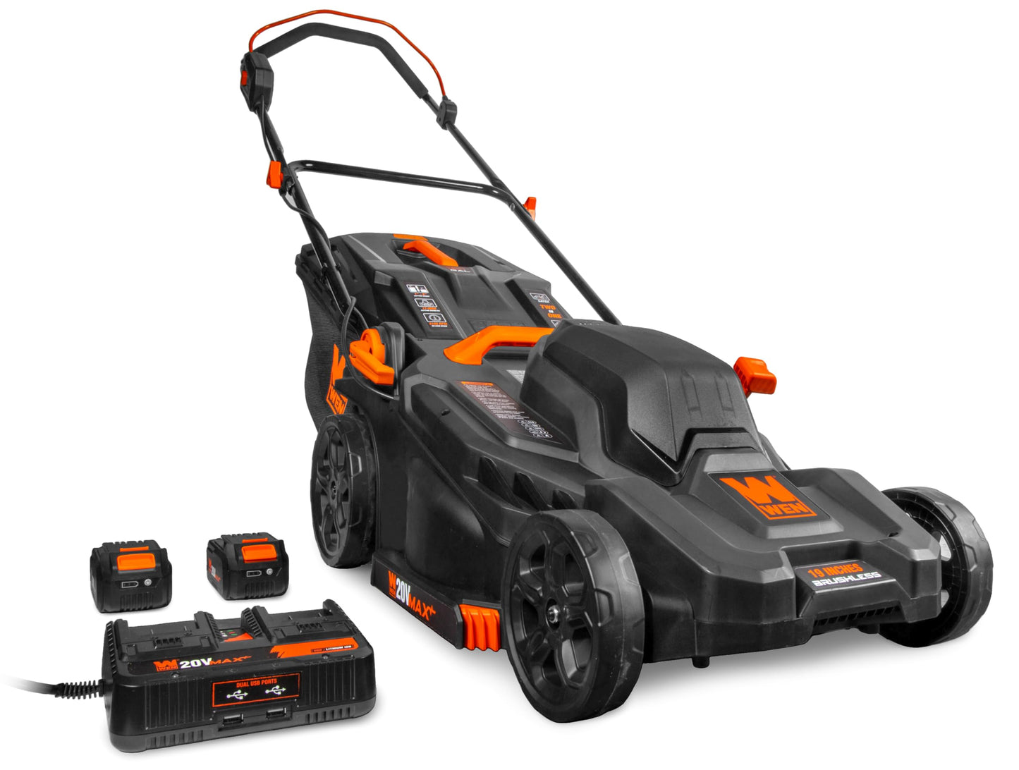 WEN 20V Max Cordless 19-Inch Lawn Mower, String Trimmer, and Leaf Blower Combo Kit with Two 5Ah Batteries and Dual Port Charger (20VK3TBM)