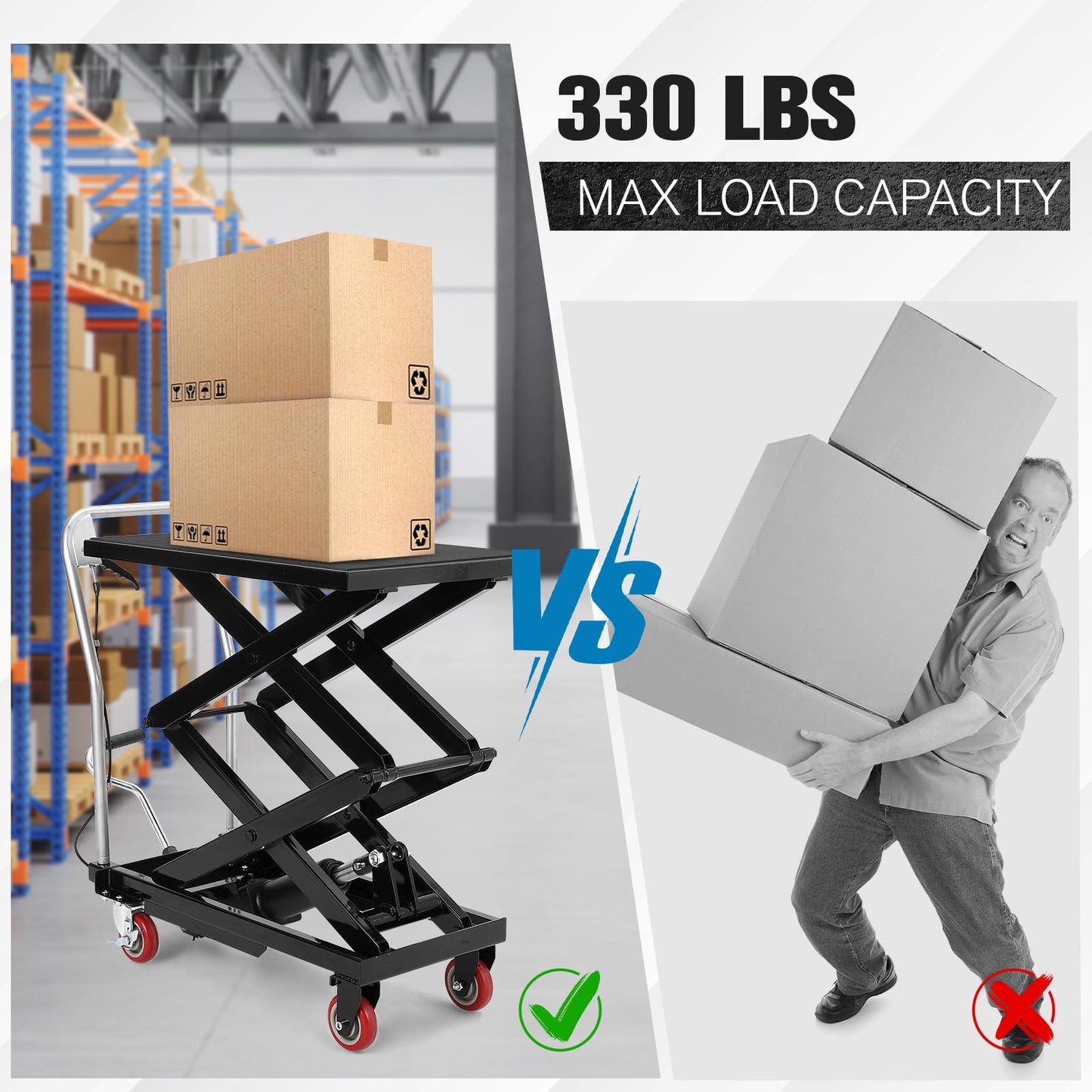 330lbs Capacity Hydraulic Lift Table Cart with 50”Lifting Height - Manual Double Scissor Lift Table with Locking Wheels and Non-Slip Pad - Hydraulic Scissor Cart for Material Handling
