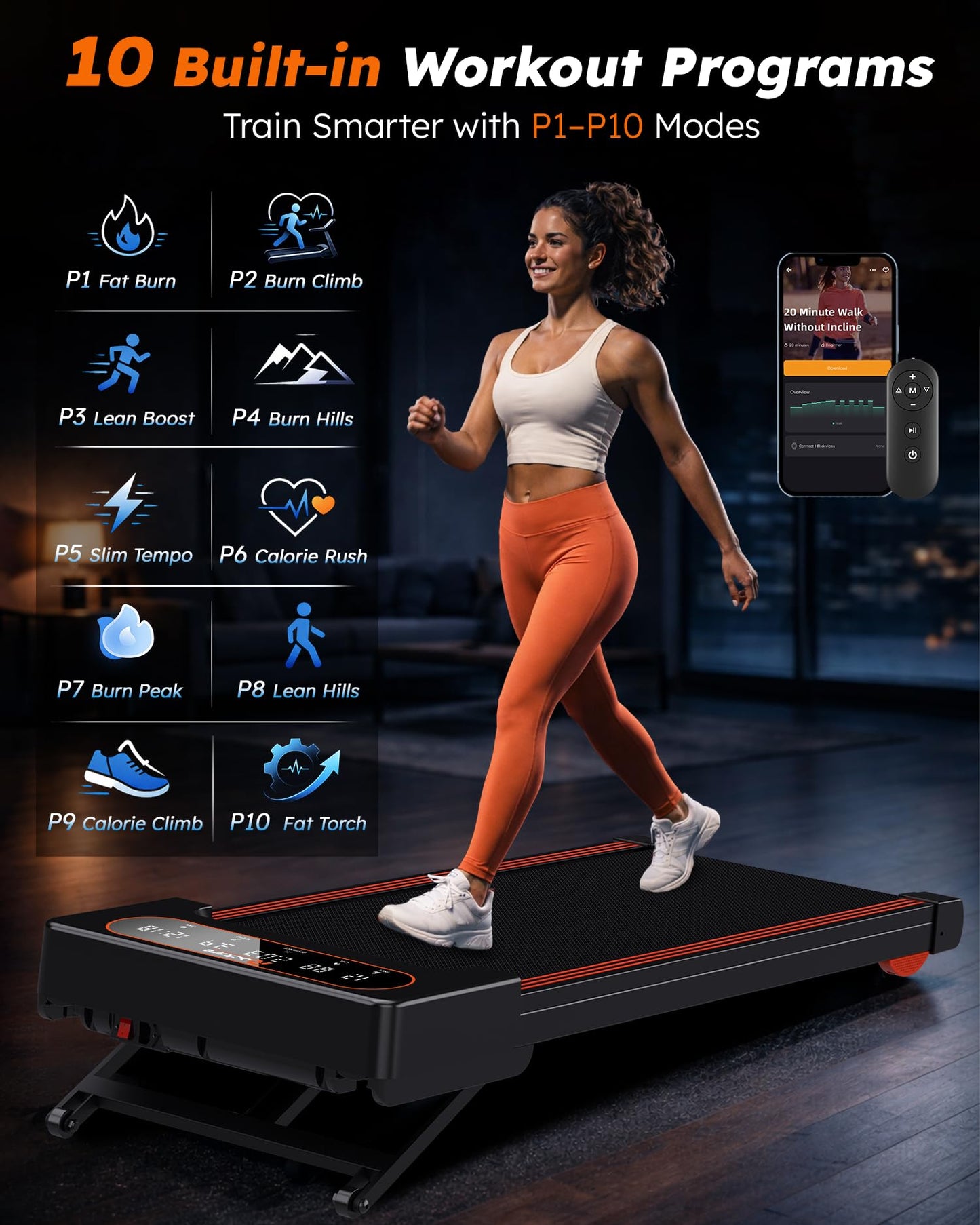 Walking Pad Treadmill with Auto Incline 12%-12Level, Quiet BLDC EvoDrive, Under Desk Treadmill for Home Office, Full Metrics Display, Extra-Large Belt, Quadra Cushion, 300lbs Capacity, Orange