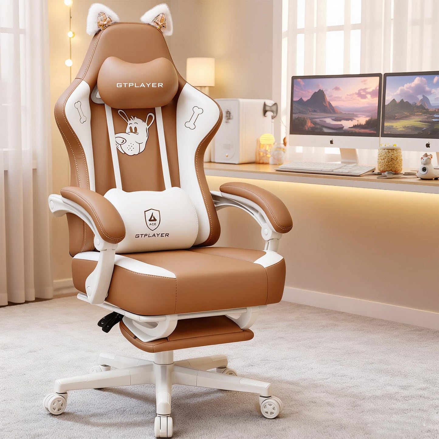GTPOFFICE Cute Gaming Chair with Cat Ears, Ergonomic Computer Chair with Footrest Cat Paw Lumbar Support Comfortable Reclining Game Chair Desk Chair for Adult Teens, Soft Fabric, Russet Brown