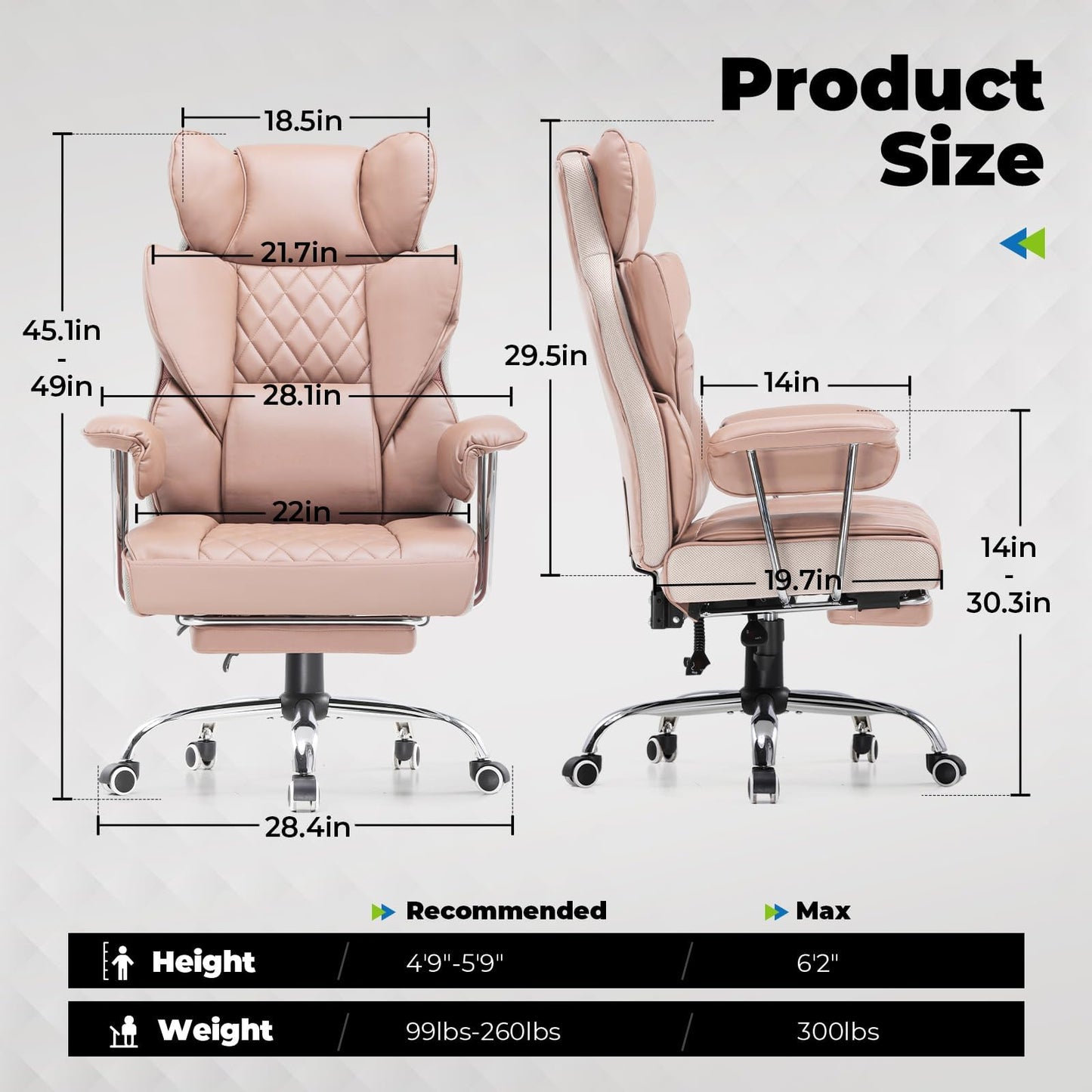 COMHOMA Big and Tall Office Chair, High Back Leather Gaming Chair with Footrest, Executive Ergonomic Office Chairs with Pocket Spring Lumbar Support and with Outward Fixed Soft Armrests