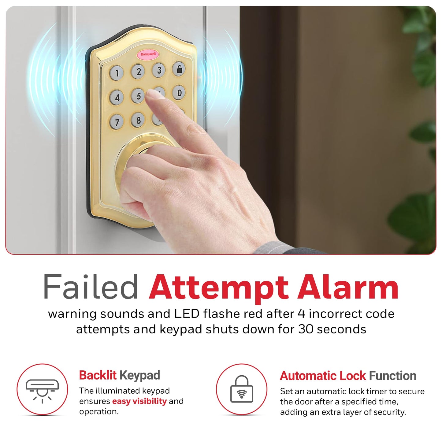 Honeywell Safes & Door Locks - Keyless Entry Door Lock with Smart Electronic Keypad Deadbolt - Easy Installation & 50 Different User Pin Codes - Auto Lock - Polished Brass - 2.9 x 2 x 6.2 in - 8712009