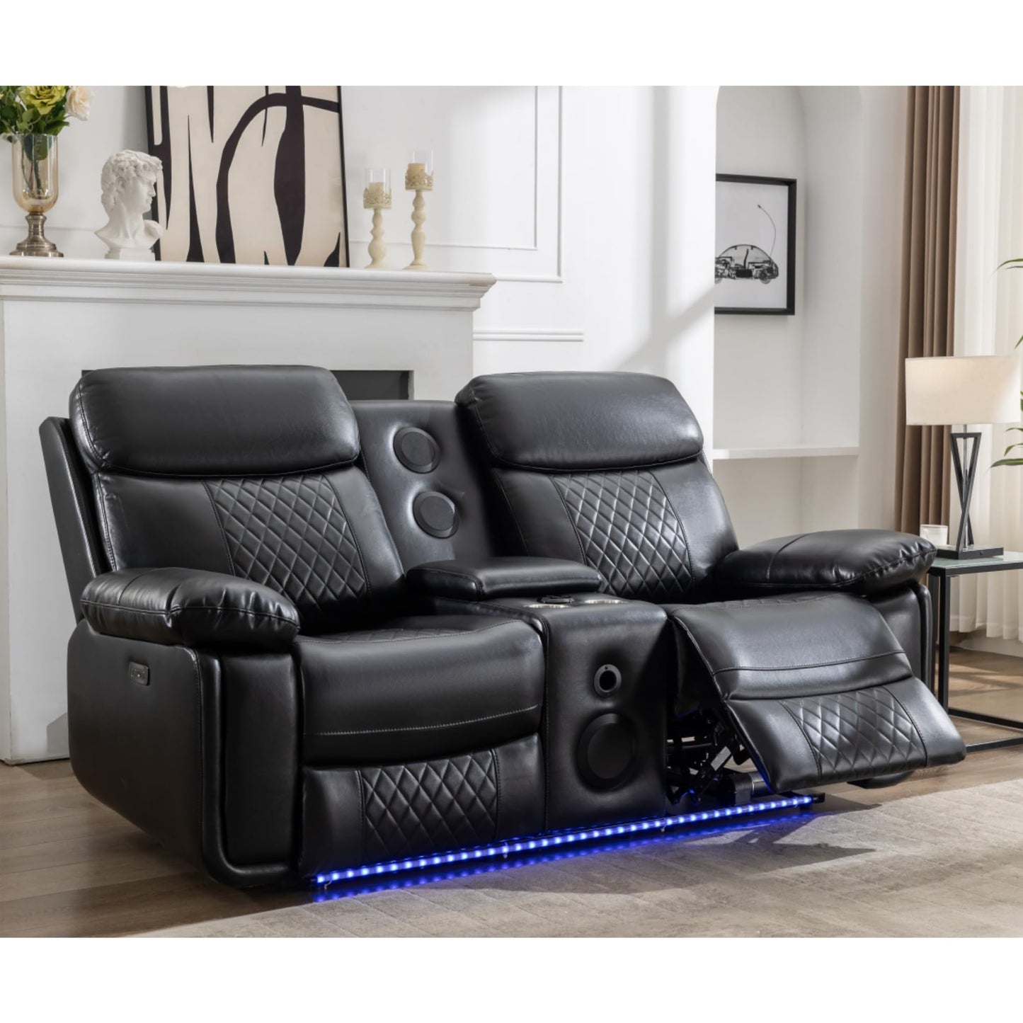 KEIKI 2-Piece Power Reclining Sofa Set with 1 Oversized Technical Leather 3-Seater Sofa & 1 Loveseat Sofa, Electric Control 5-Seater Couch Set with Cup Holder, Storage Armrest, for Living Room, Black