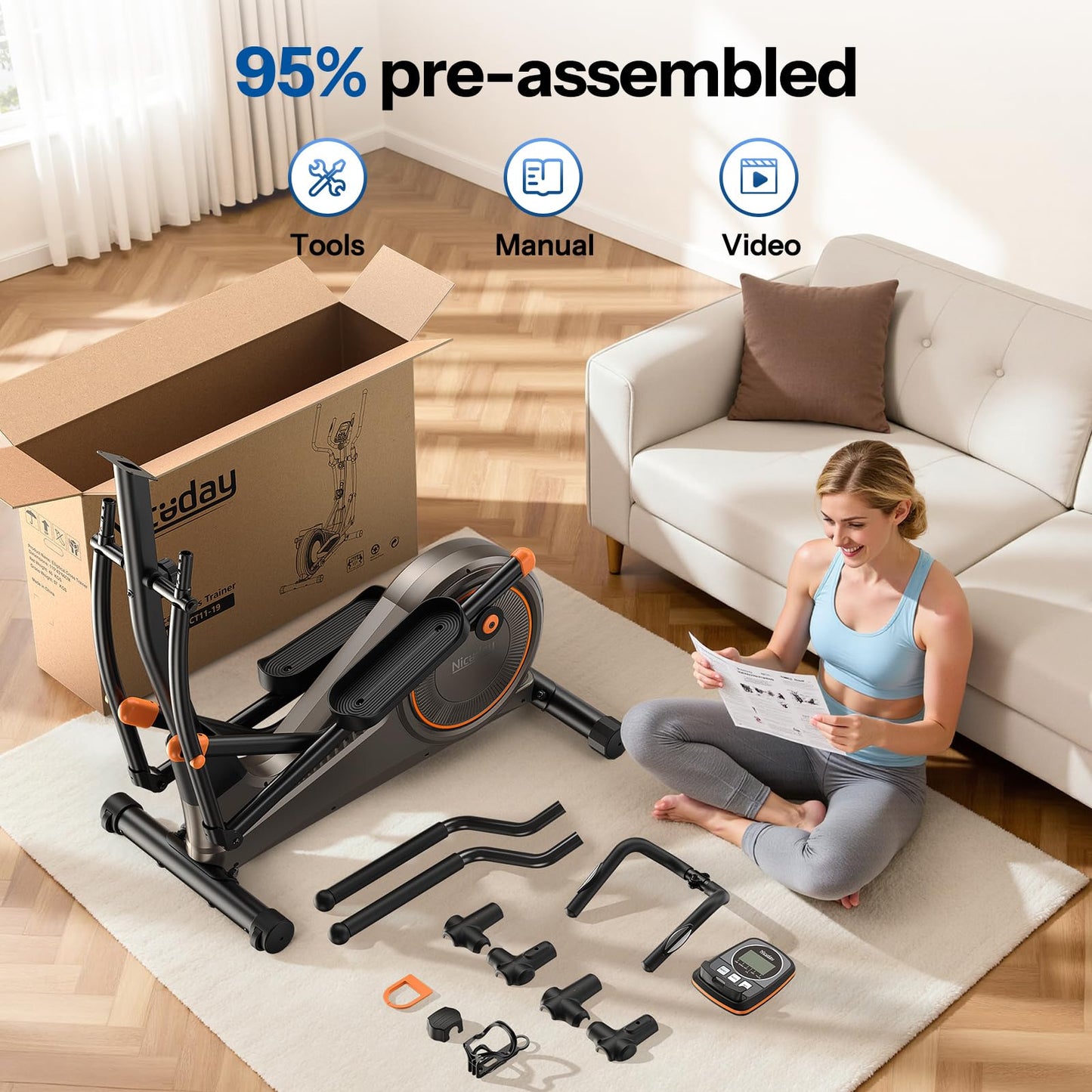 Niceday Elliptical Exercise Machine, Elliptical Machine for Home, Magnetic Elliptical Trainer with 19IN Stride, 16 Resistance Levels, 400LBS Loading Capacity, Support Kinomap APP Brown