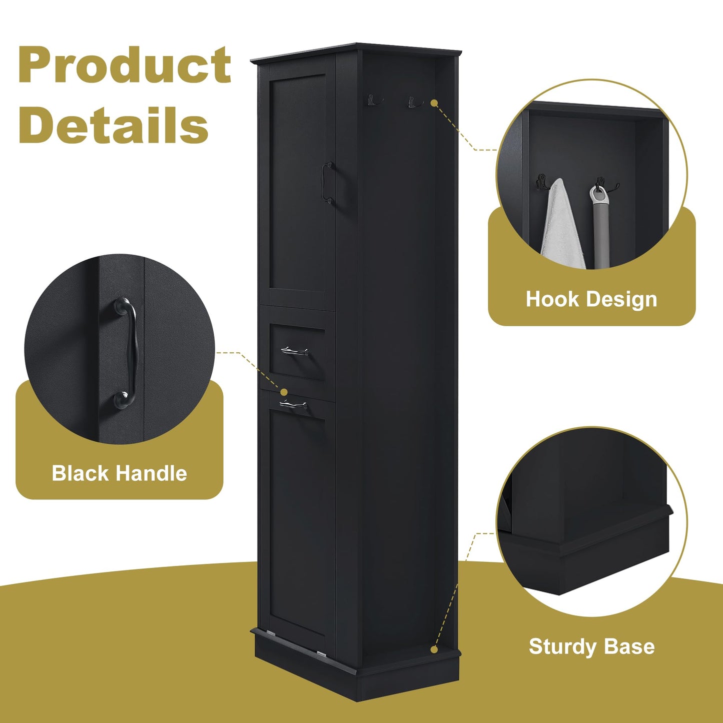 Tall Cabinet Linen Tower with Door and Drawer, Multi-Functional Bathroom Storage Organizer with Laundry Hamper, Left or Right Orientation, Soft-Closing Door, Black