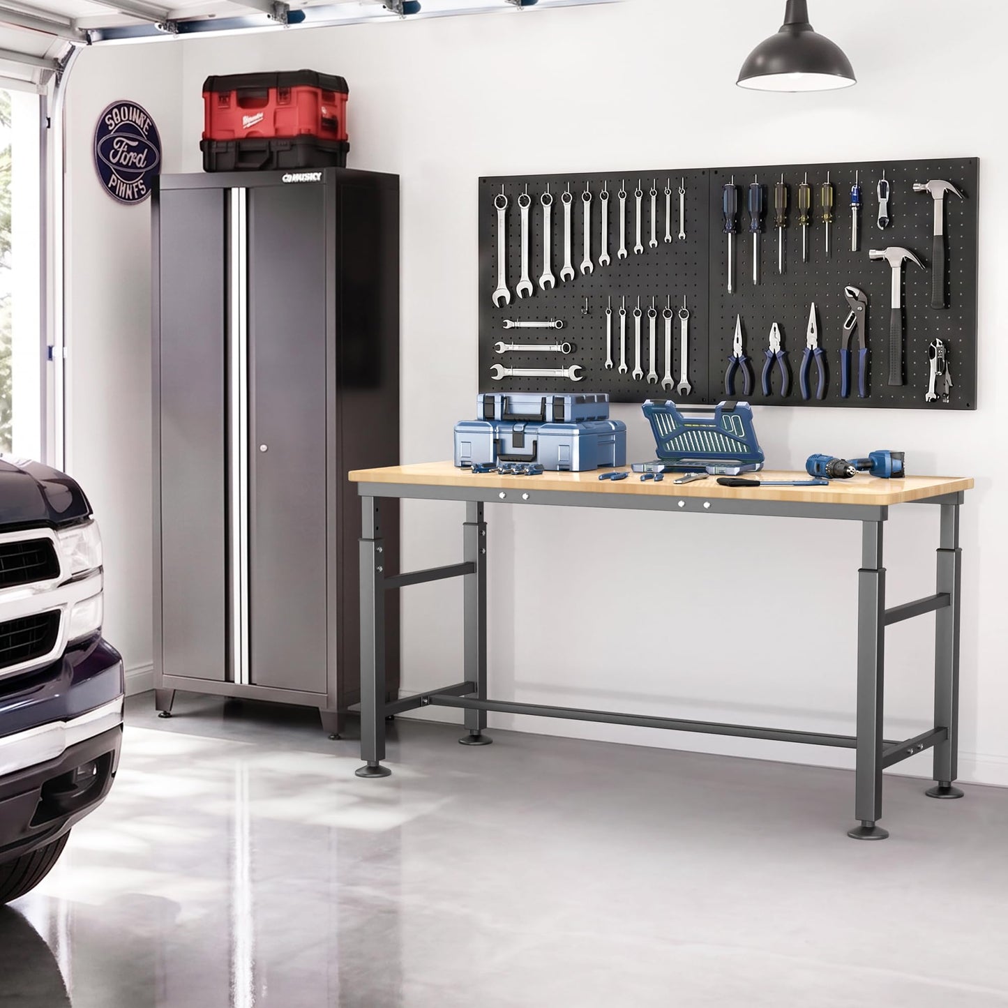 EVERHANGER Workbench for Garage, Adjustable Height Work Table, Heavy Duty Rubber Wood Top Workstation for Workshop (Extra-Large - 60")
