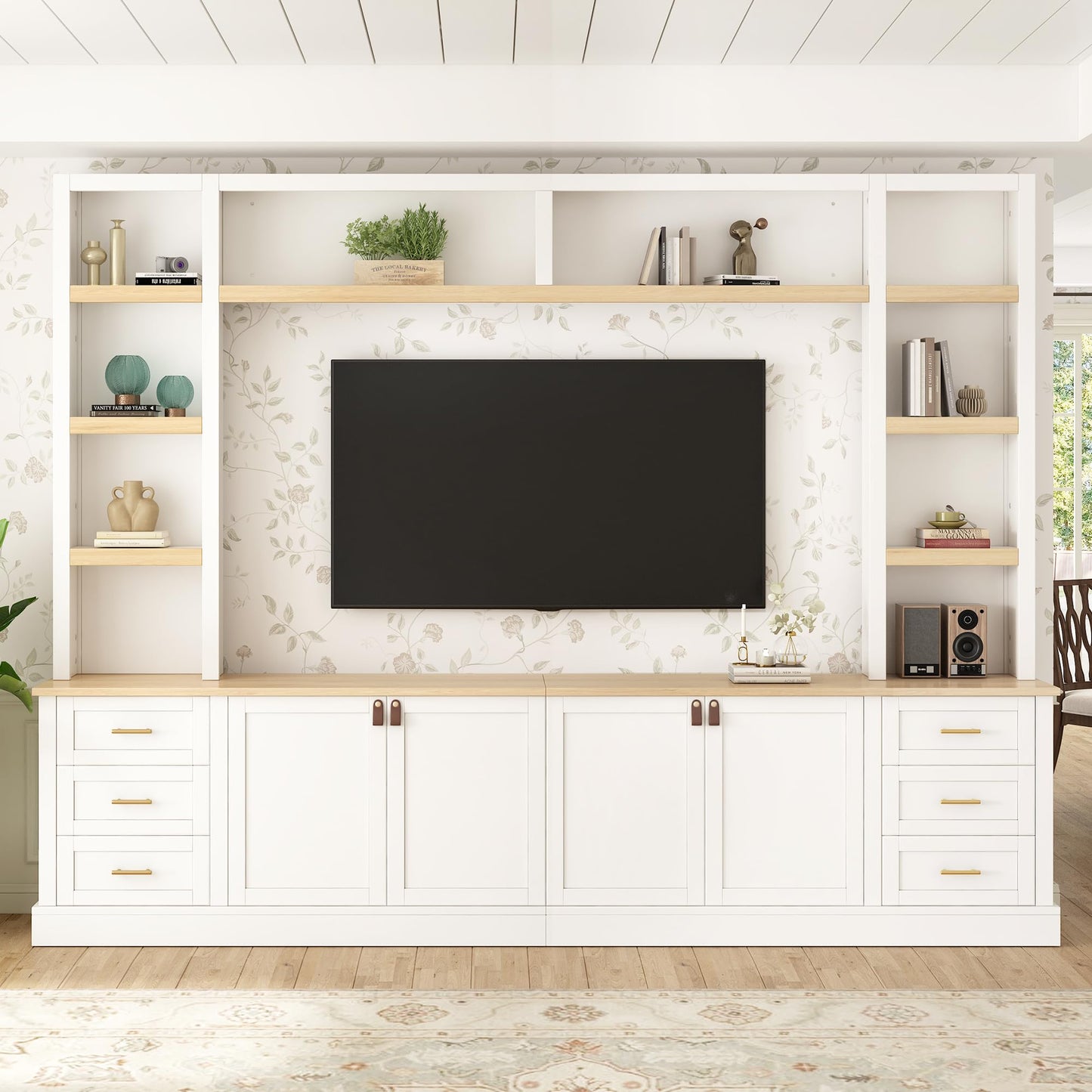 Merax 102.3 Inch Wide Farmhouse Entertainment Center, Rustic TV Stand with 6 Drawers & Adjustable Shelves, Large Media Console for TVs up to 75", Modern Bookshelves Wall Unit, White