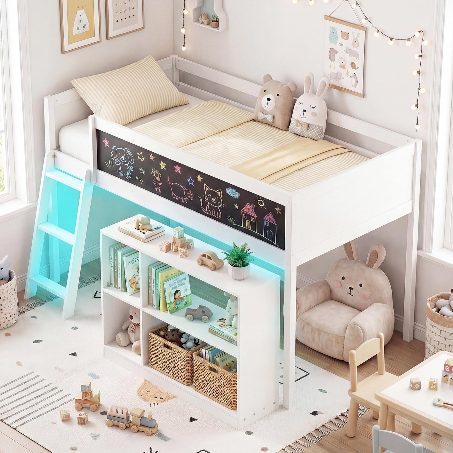 Giantex Low Loft Bed with LED Lights, Twin Size Bed Frames for Kids w/Chalkboard, Removable Bookcase & Under-Bed Storage Space, Wood Loft Beds with Stairs, Safety Guardrail for Girls Boys (White)