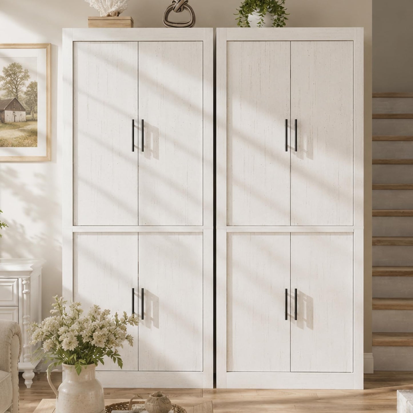 Garvee 70.4" Farmhouse Kitchen Pantry Cabinet with Doors and Adjustable Shelves, Avoids Dust, Tall Freestanding Storage Cabinet for Kitchen, Microwave Stand & Dining Room Organization, Rustic White