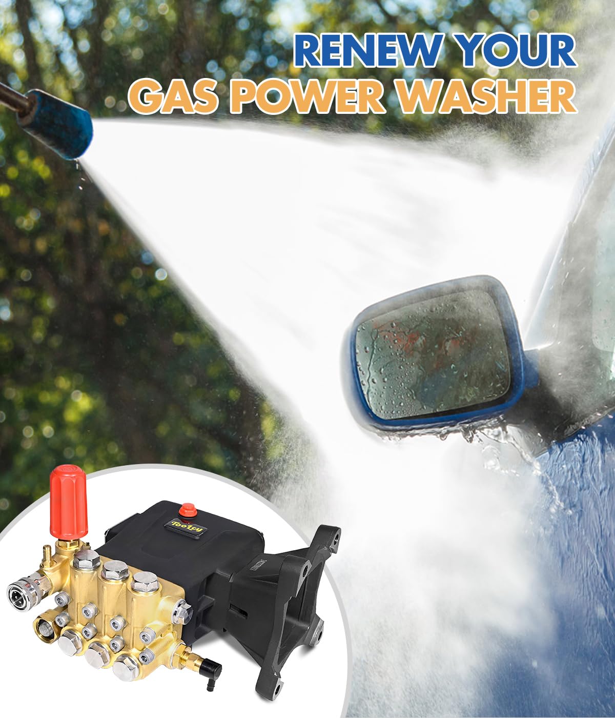 TOOLCY Pressure Washer Pump Max 4400 PSI 4.2 GPM, 1" Shaft Horizontal Gas Power Washer Replacement, Direct Drive Triplex Plunger Pump with Pressure Adjustment Unloader, 5 Nozzle Tips