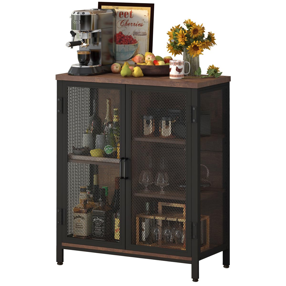 BON AUGURE Coffee Bar Cabinet for Liquor, Small Storage Cabinet for Home Kitchen, Farmhouse Sideboard Buffet Cabinets, Industrial Alcohol Cabinets for Dining Entryway Living Room (Rustic Oak)