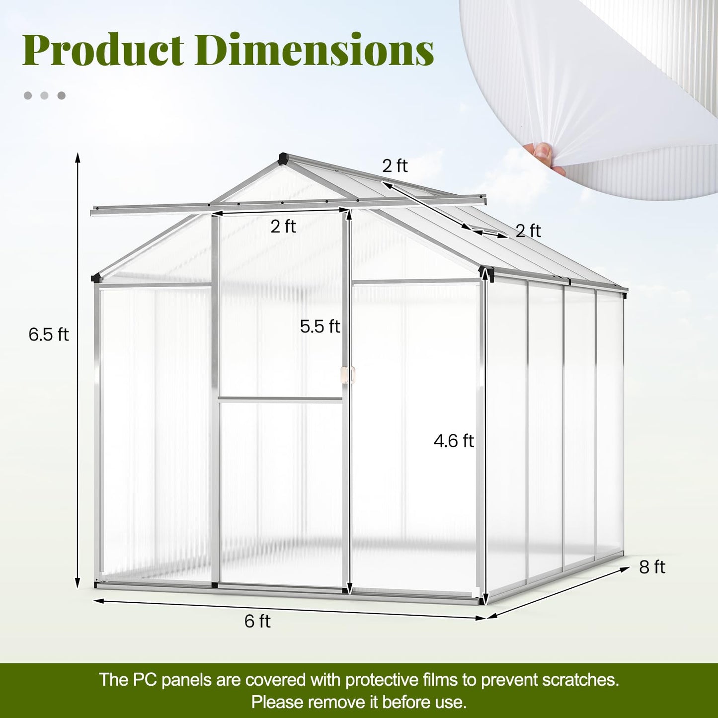 Happygrill Greenhouse, 6 x 8 x 6.5FT Outdoor Polycarbonate Greenhouse w/ Sliding Door, Adjustable Roof Vent, Rain Gutter, Heavy-Duty Aluminum Greenhouses for Outdoors, Garden, Backyard, Patio, Lawn