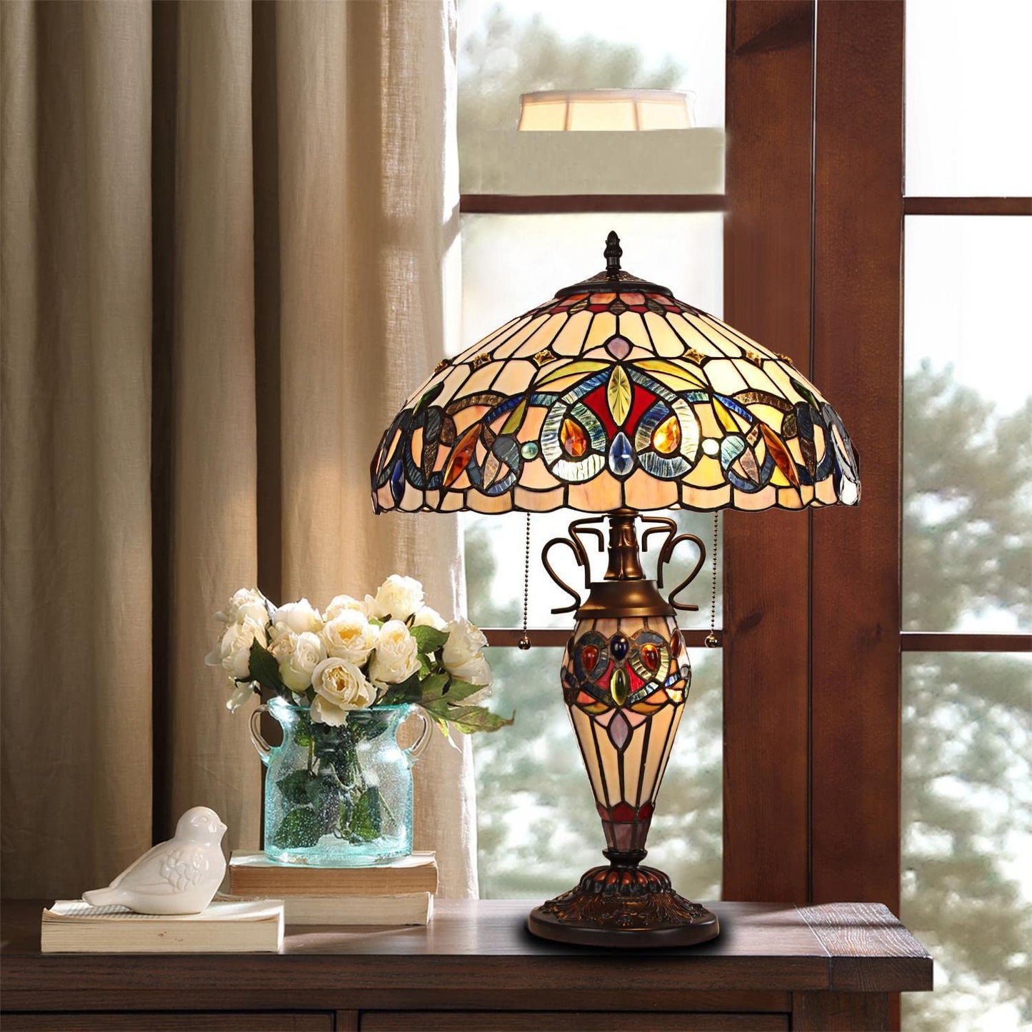 Chloe Lighting Tiffany-Style Table Lamp, 3 Light, Dark Bronze, 16in Wide, Multicolor Glass, Model CH3T353BV16-DT3