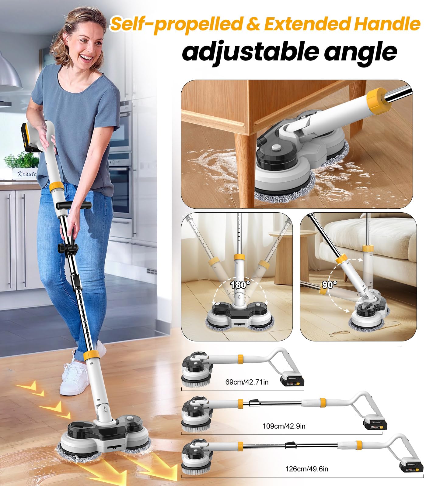 qimedo 800RPM Cordless Electric Mop, 6000mAh Battery Electric Power Scrubber & Mops for Floor Cleaning, Best Automatic Spin Mops with Smart Display,Rotating Mop with LED Light & Water Spray