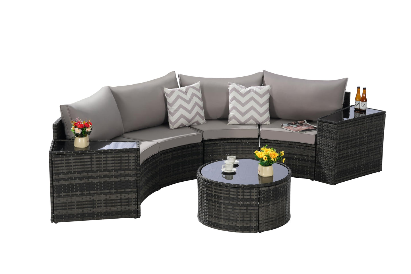 KEIKI 7-Piece Half-Moon Outdoor Patio Furniture Set, Rattan Patio Conversation Set with Coffee Table & 2 Sofa Side Table & 4 Curved Armless Sofa, Wicker Curved Sectional Sofa Set, for Backyard, Gray