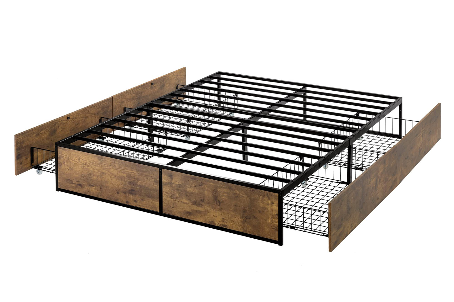 SHA CERLIN Full Size Bed Frame with Storage, 4 Extra Large Drawers on Wheels, Mattress Foundation, Strong Metal Slat Support, No Box Spring Needed, Easy Assembly