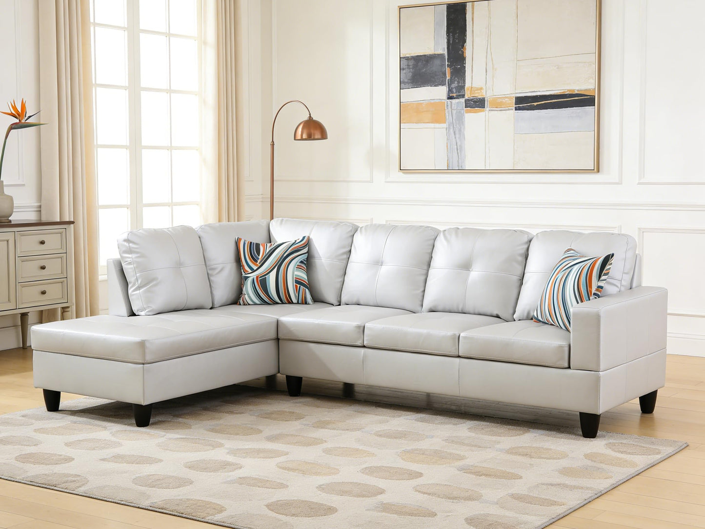Trygoal 103.5 Inch Modern L-Shaped Couch, PU Leather Sectional Sofa with Chaise Lounge, 4-Seater Couch with Accent Pillows for Living Room, Apartment, Silver Grey