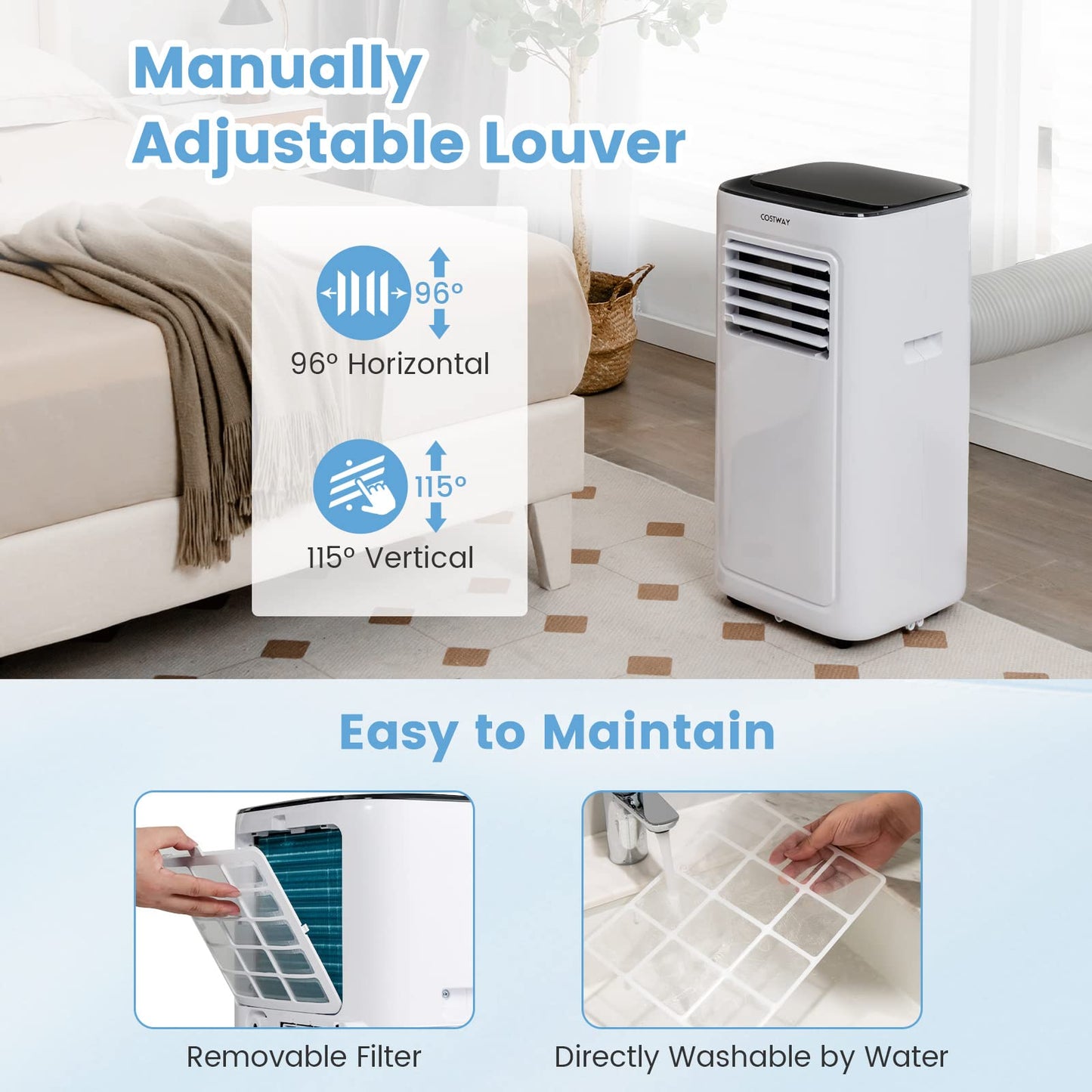 COSTWAY Portable Air Conditioner, 9000 BTU Portable AC with Built-in Dehumidifier, 24H Timer, Smart Sleep Mode, LED Touch Panel for Cooling Rooms up to 280 Sq.Ft, Remote Control & Window Kit Included