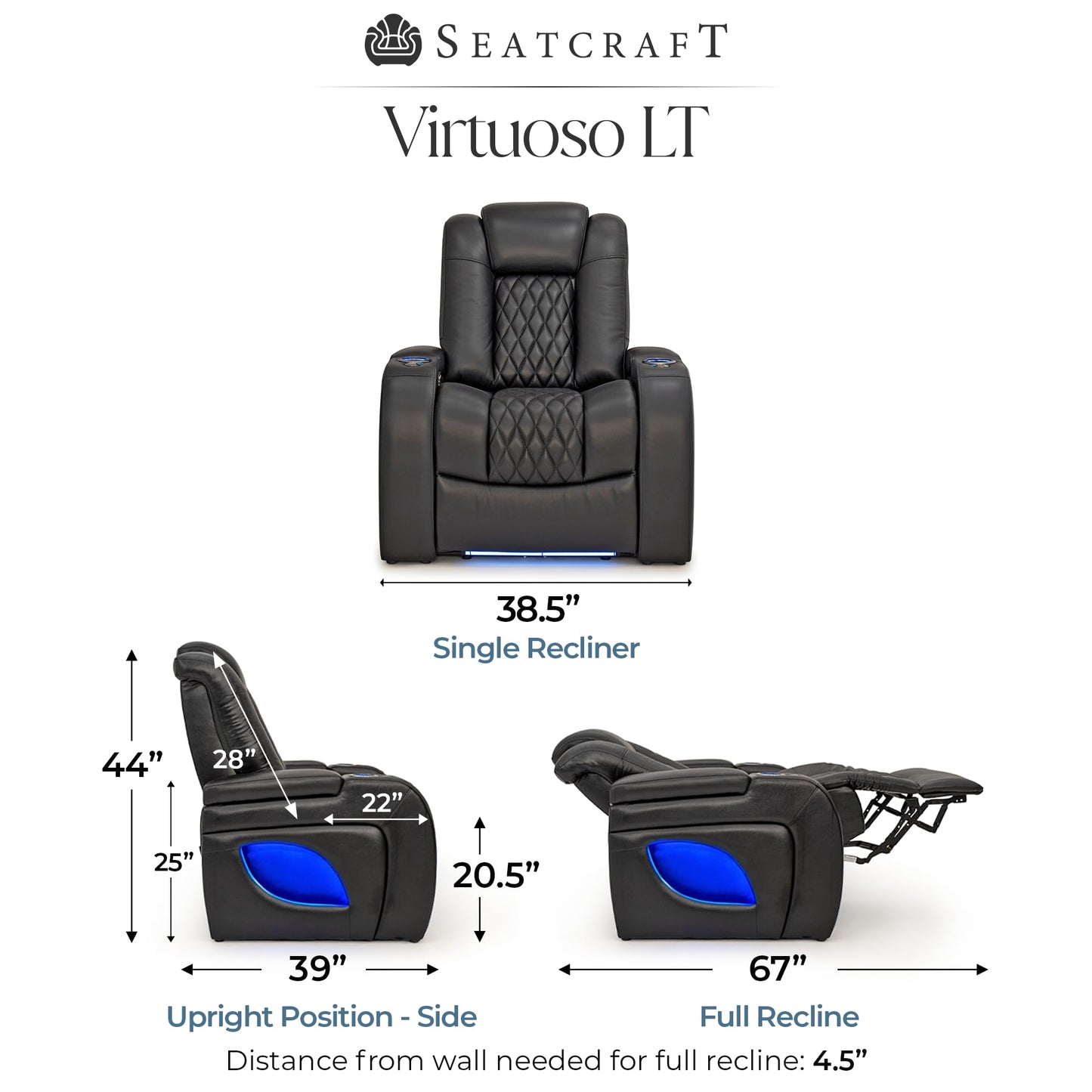 Seatcraft Virtuoso LT Black Italian Leather Home Theater Seating, Zero Gravity Power Recliner, Powered Headrest and Lumbar Gaming and Home Office Chair, Heat and Massage Lounge Sofa, Single Recliner